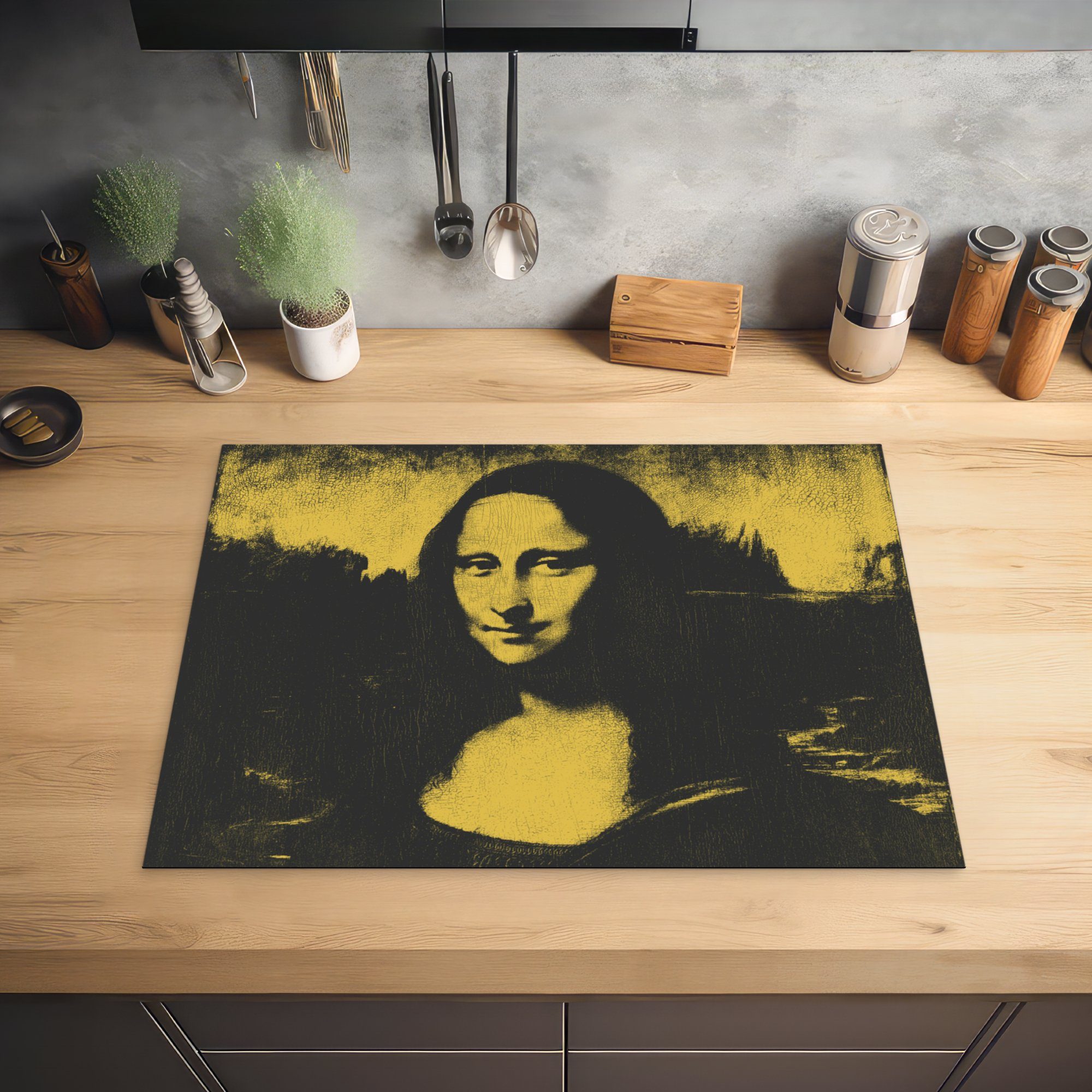MuchoWow Herdblende-/Abdeckplatte Mona Lisa - Vinyl, (1 Vinci Ceranfeldabdeckung da die Leonardo küche, - Schutz Induktionskochfeld 71x52 Schwarz tlg), cm, für - Gelb