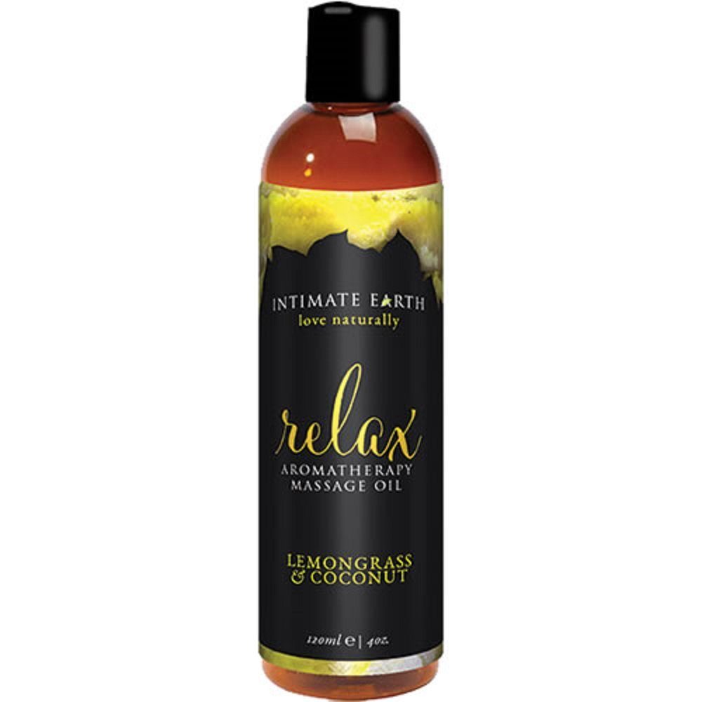 Intimate Earth Massageöl Relax (Lemongrass/Kokos) Flasche mit 120ml, natürliches Aromatherapie und Massage-Öl
