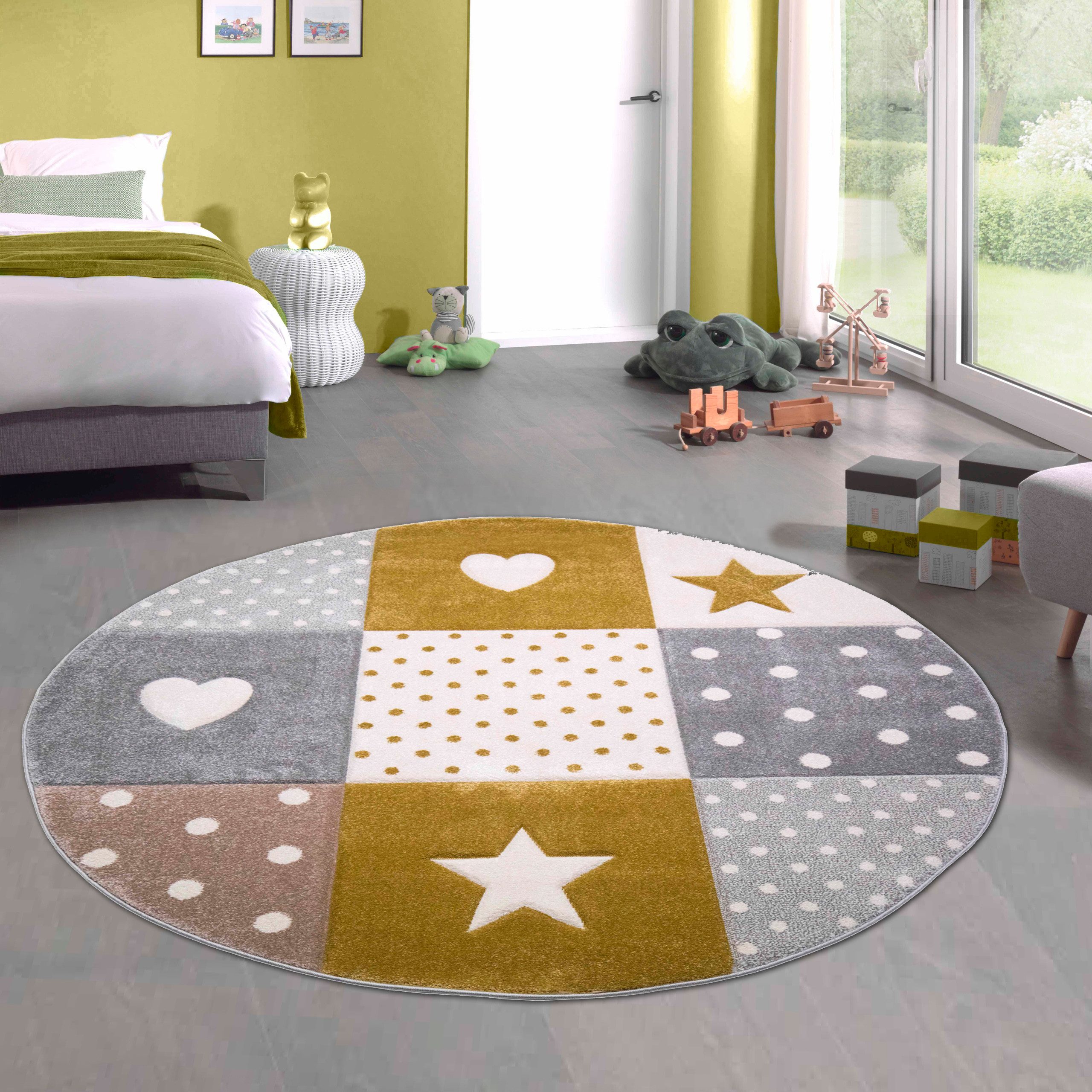 Carpetia Kinderteppich Verspieltes Motivdesign, rund, Höhe: 13 mm, pflegeleicht, strapazierfähig, handgearbeiteter Konturenschnitt
