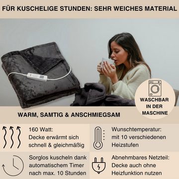 Grafner Heizdecke Grafner® Wärmedecke Flannel Fleece 200 x 180 cm Grau WD10967, einstellbare Temperaturstufen