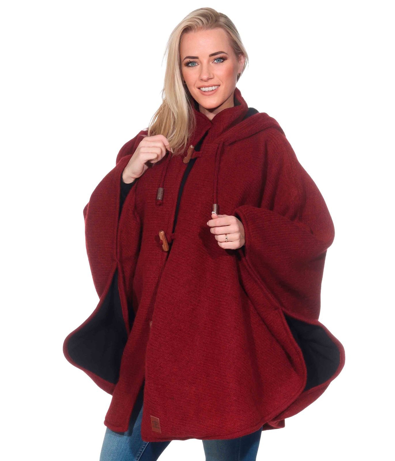 KUNST UND MAGIE Strickcape Strick Poncho+Kapuze Umhang Cape Strickjacke Wolle Jacke Winter Mantel
