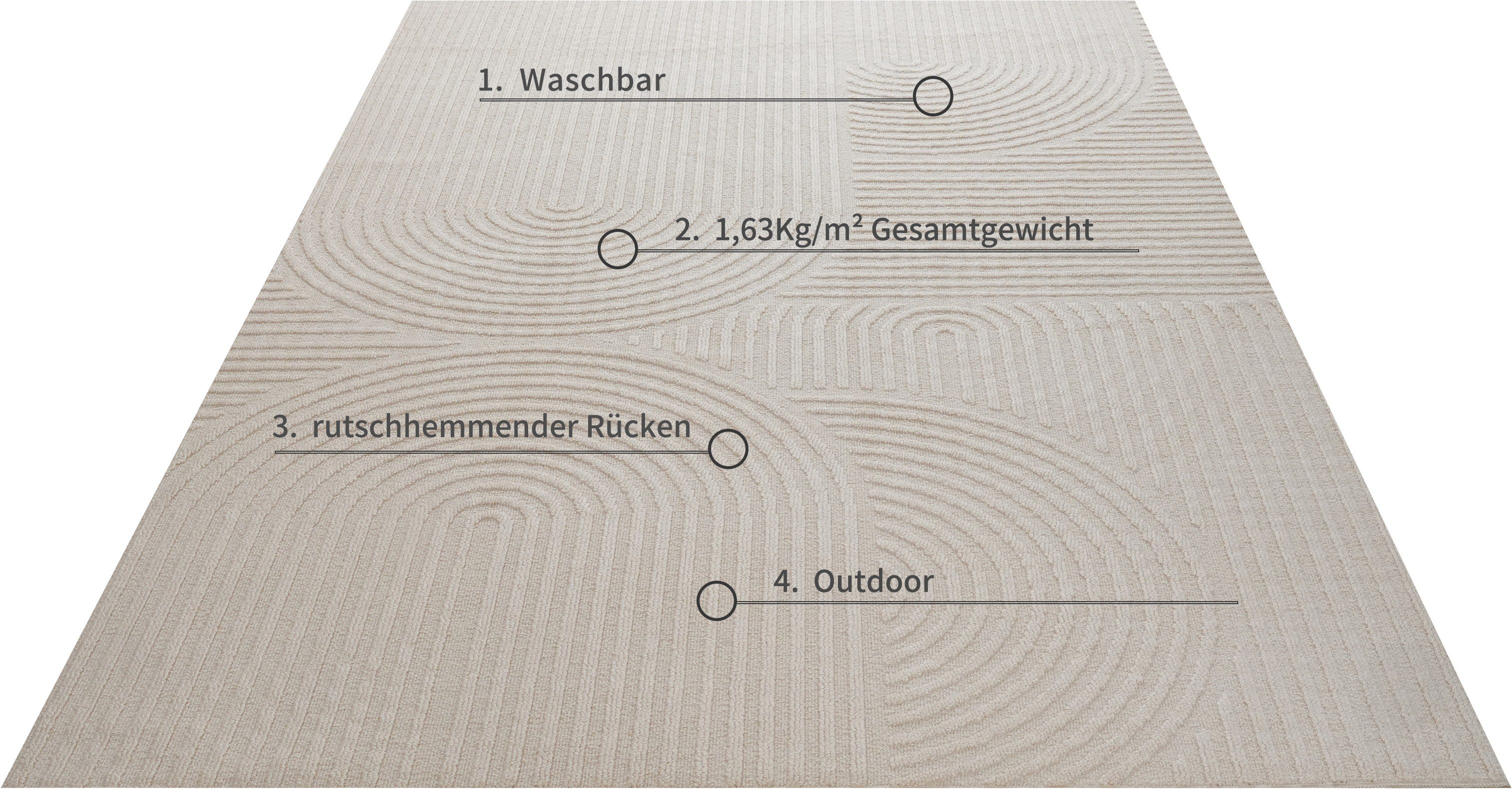 OTTO home Teppich Jola, In- und Outdoor geeignet, Hoch-Tief-Design, Scandi, rechteckig, Höhe: 9 mm, Hoch-Tief-Struktur, Zen, Wetterfest & UV-beständig, Balkon, Camping