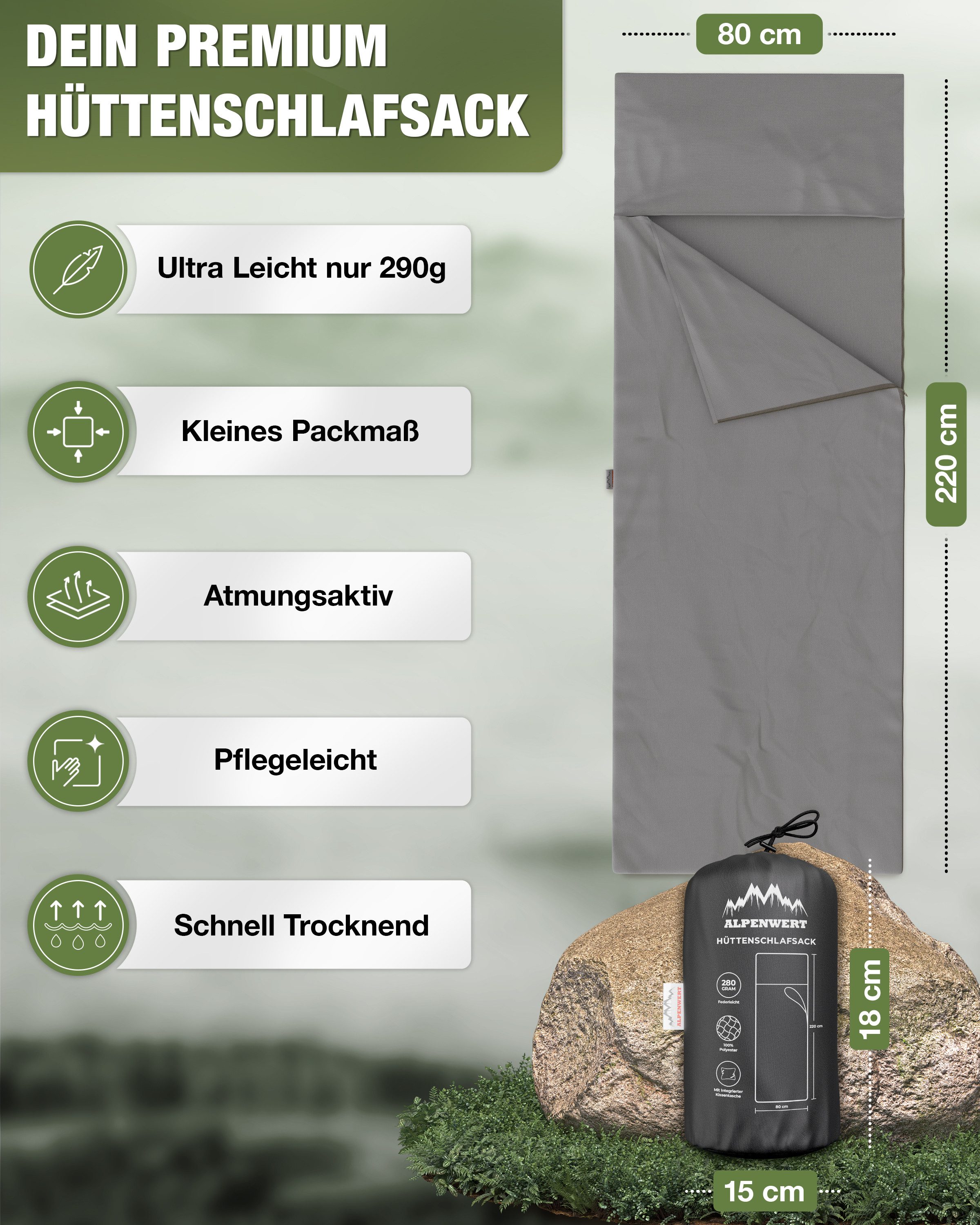 Alpenwert Schlafsackinlett Hüttenschlafsack Deckenschlafsack Schlafsack Inlett Sommerschlafsack, (220cm x80cm, 1-St., Hüttenschlafsack und Tasche), Hüttenschlafsack Ultraleicht 290g Reisebettwäsche