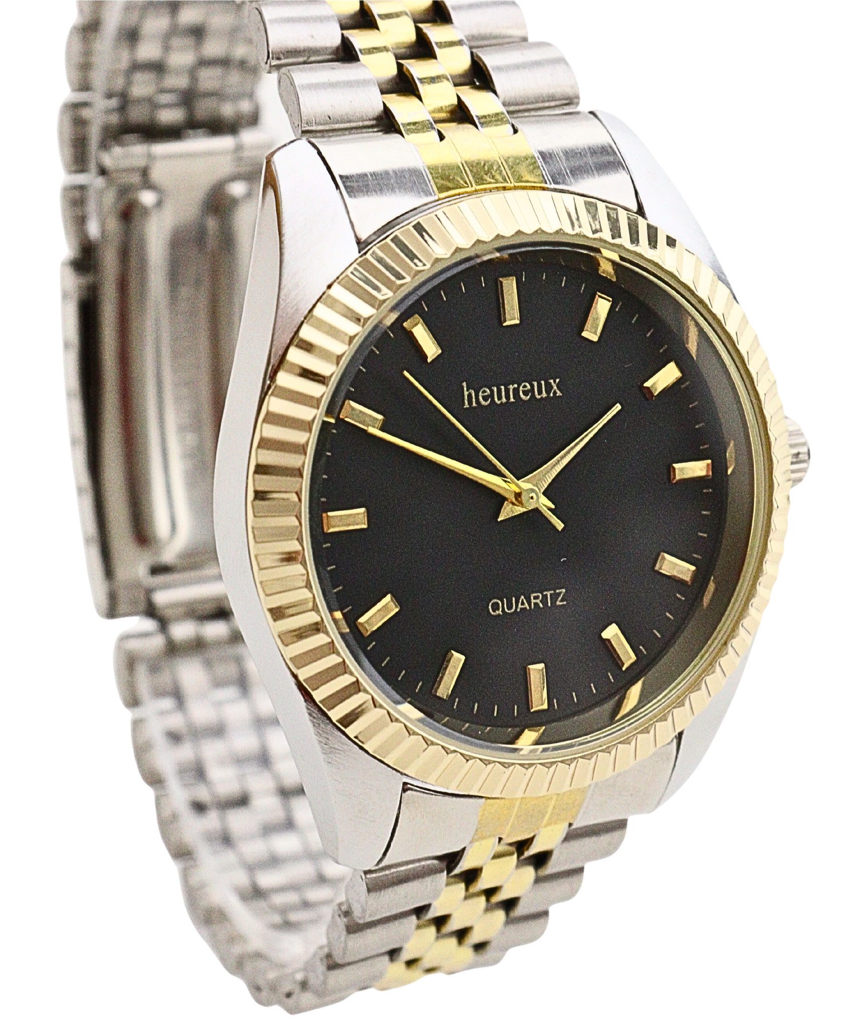 Rötting Design Quarzuhr Herrenuhr Quarz goldfarbene Lünette schwarzes Ziffernblatt, aus der Collection "heureux"