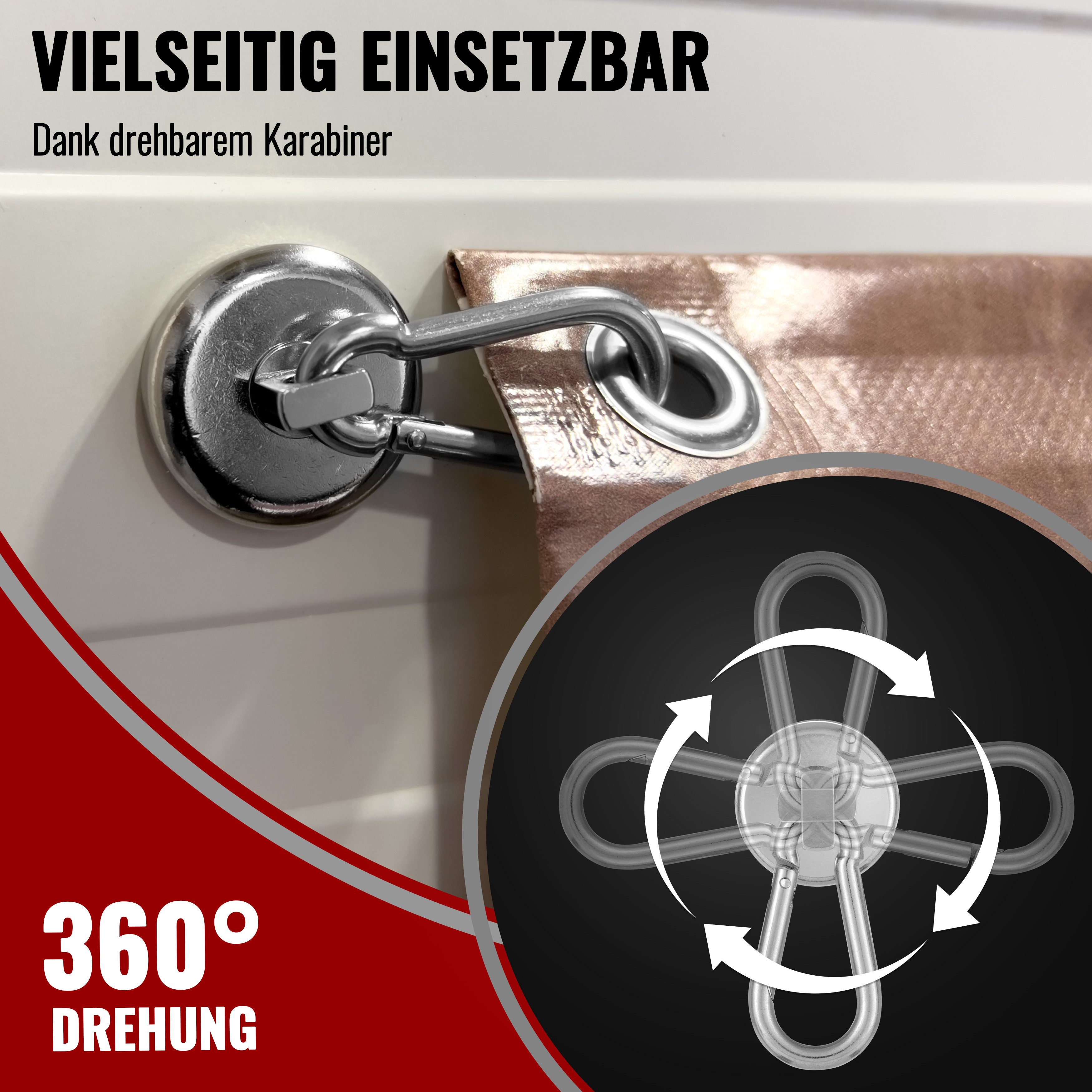 Poppstar Wandhaken Magnet-Karabiner stark, für Wand oder Decke, (4-St), Neodym Haken-Magnete mit drehbarem, abnehmbarem Karabiner – Bild 4 von 5