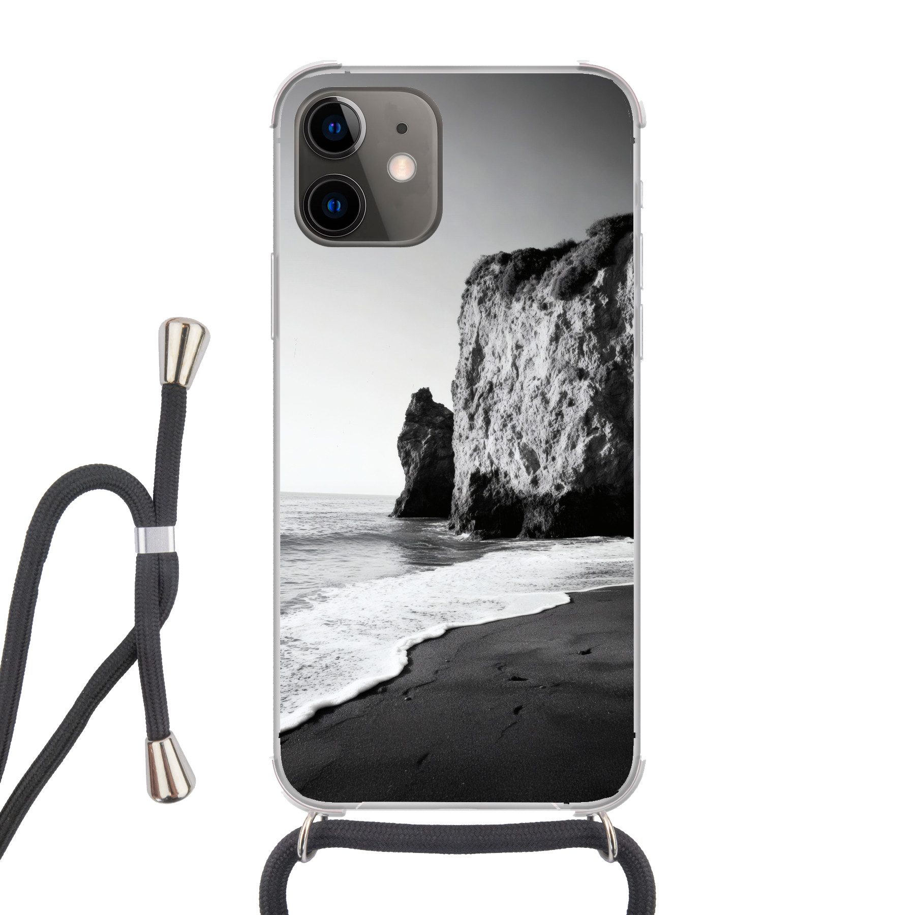 MuchoWow Handyhülle für Apple iPhone 12 Mini Strand - Klippe - Wellen - Fußstapfen, Tragbare Handyhüllen mit Kette zum umhängen, Handykette Handyband