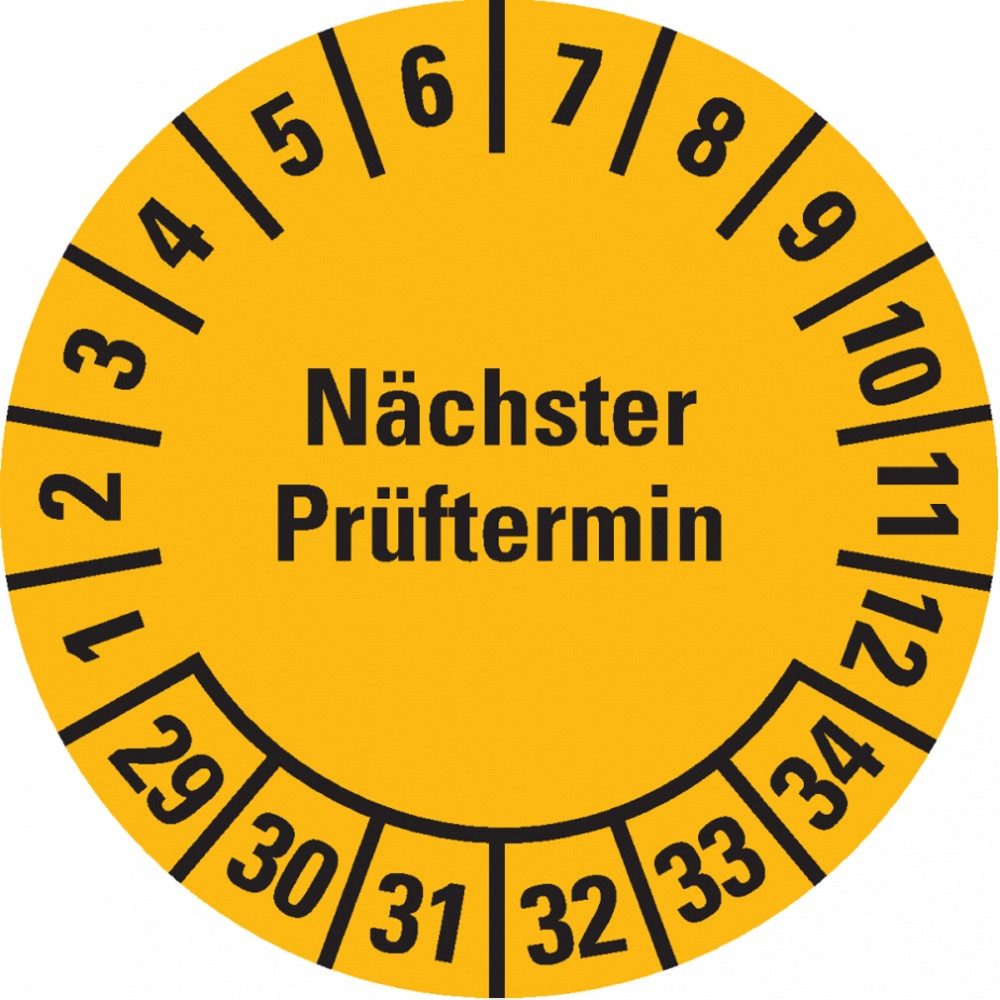 Dreifke Hinweisschild Prüfplakette Nächster Prüftermin 29-34, gelb, Cellulose-Folie, Ø 30mm, Aufkleber (Folie)
