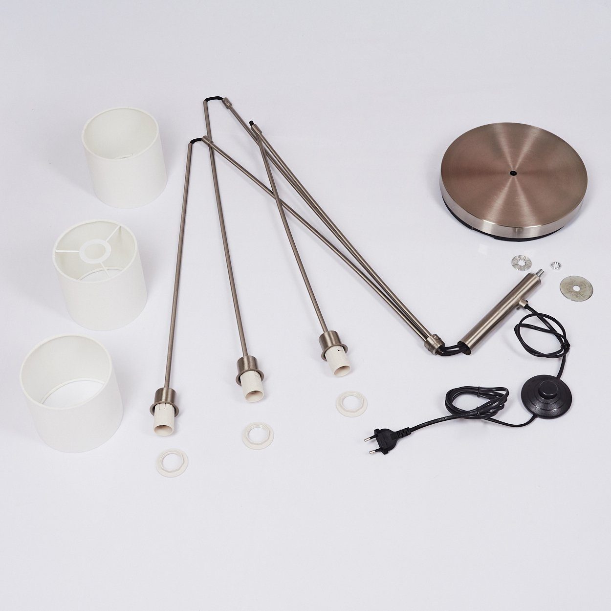 hofstein Stehlampe »Costa« runde Bodenlampe aus Metall, Nickel-matt, weiße Stoffschirme, ohne Leuchtmittel, Standlampe, 3xE14, mit Fußschalter am Kabel – Bild 5 von 5