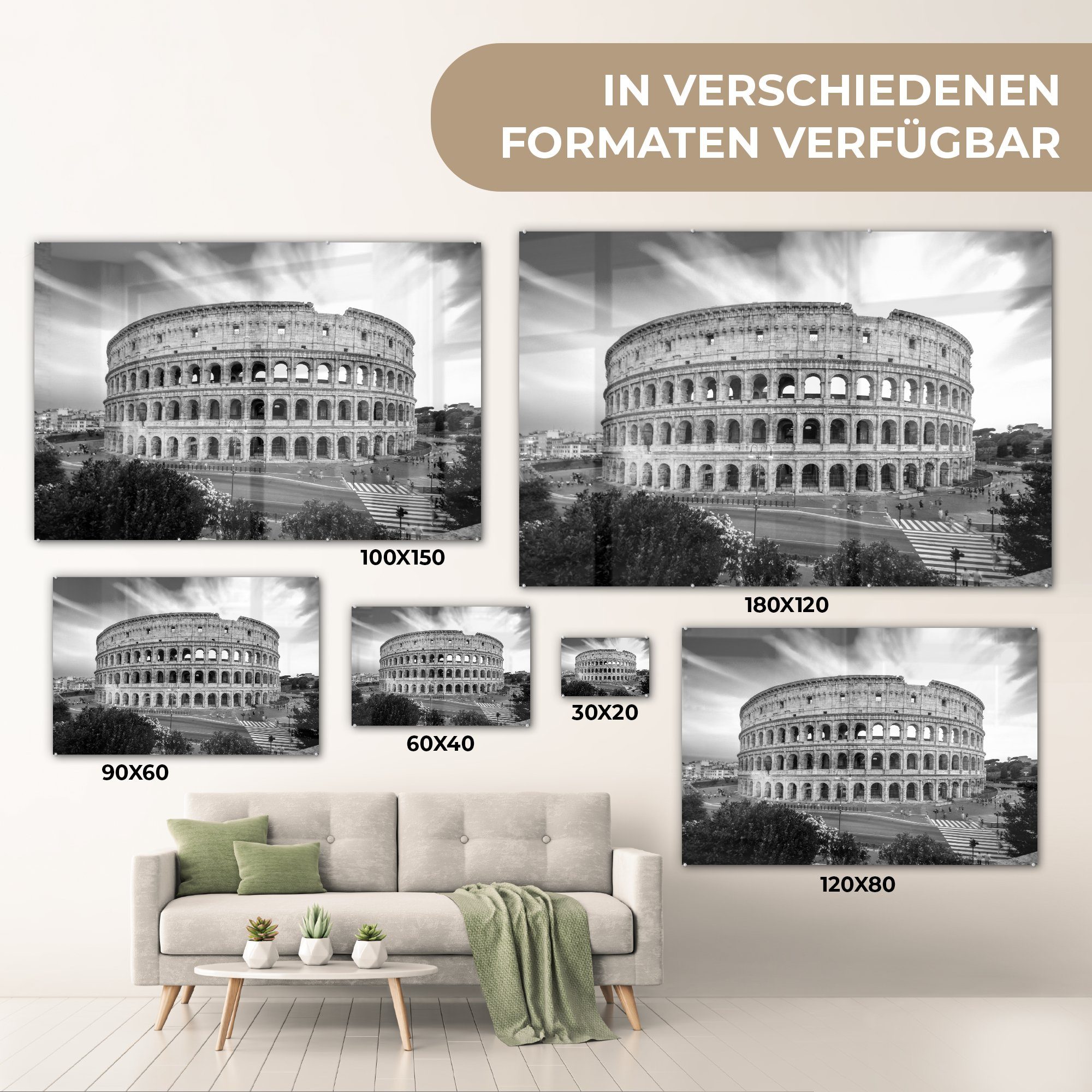 Acrylglasbilder Sonnenuntergang Acrylglasbild Kolosseum Wohnzimmer & weiß, MuchoWow bei schwarz St), und (1 - Schlafzimmer Rom