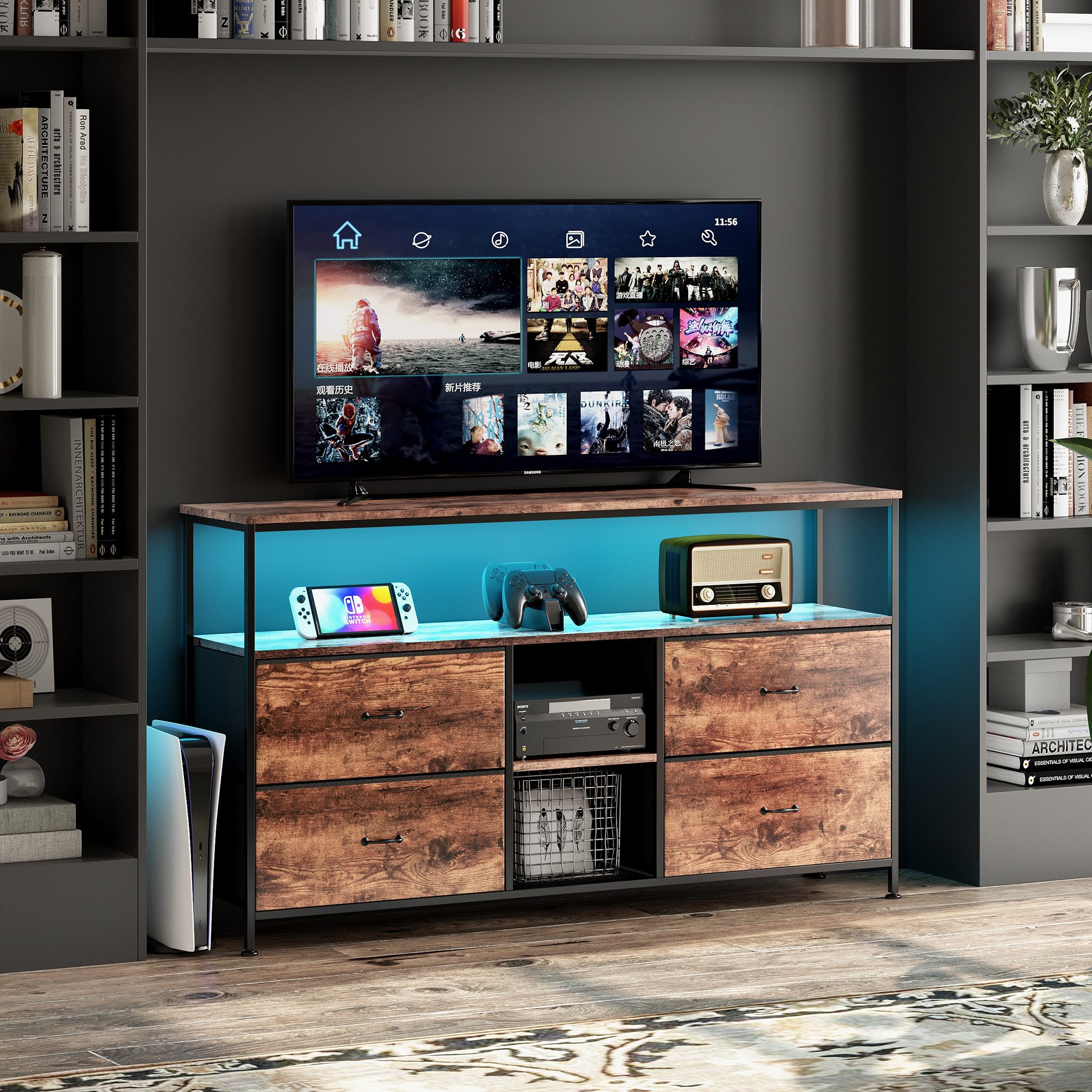 Furnishings Home Sideboard Kommode Ablagetisch LED Beistelltisch Breite 108/137 cm (108 x 29.8 x 76.8 cm (BxTxH), Mit Schubladen und 16-farbigen variablen LED-Leuchten