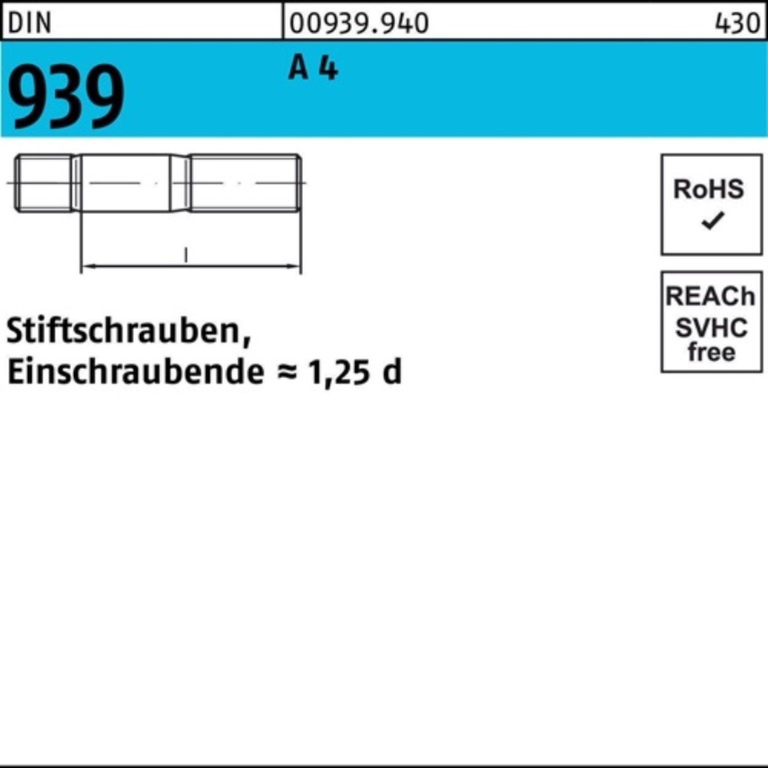 Reyher Stiftschraube 100er Pack Stiftschraube DIN 939 M12x 75 A 4 Einschraubende=1,25d 10 S | Schrauben