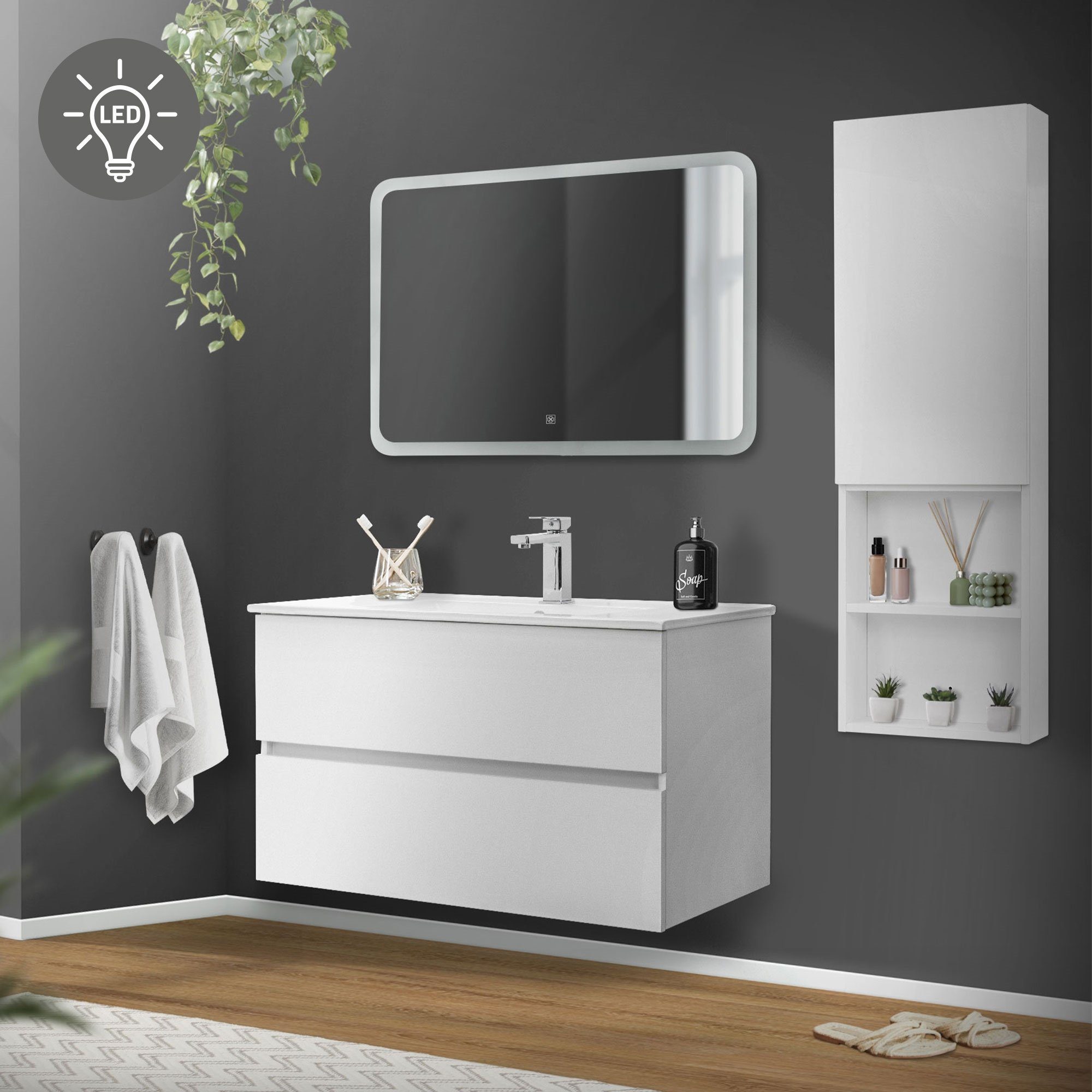 Badezimmermöbel Hochschrank Set Waschtisch Badezimmer Waschtisch Spiegel ML-DESIGN Möbel Badezimmer-Set Weiß 90x60cm Badset, Keramik LED-Spiegel 91cm 4er