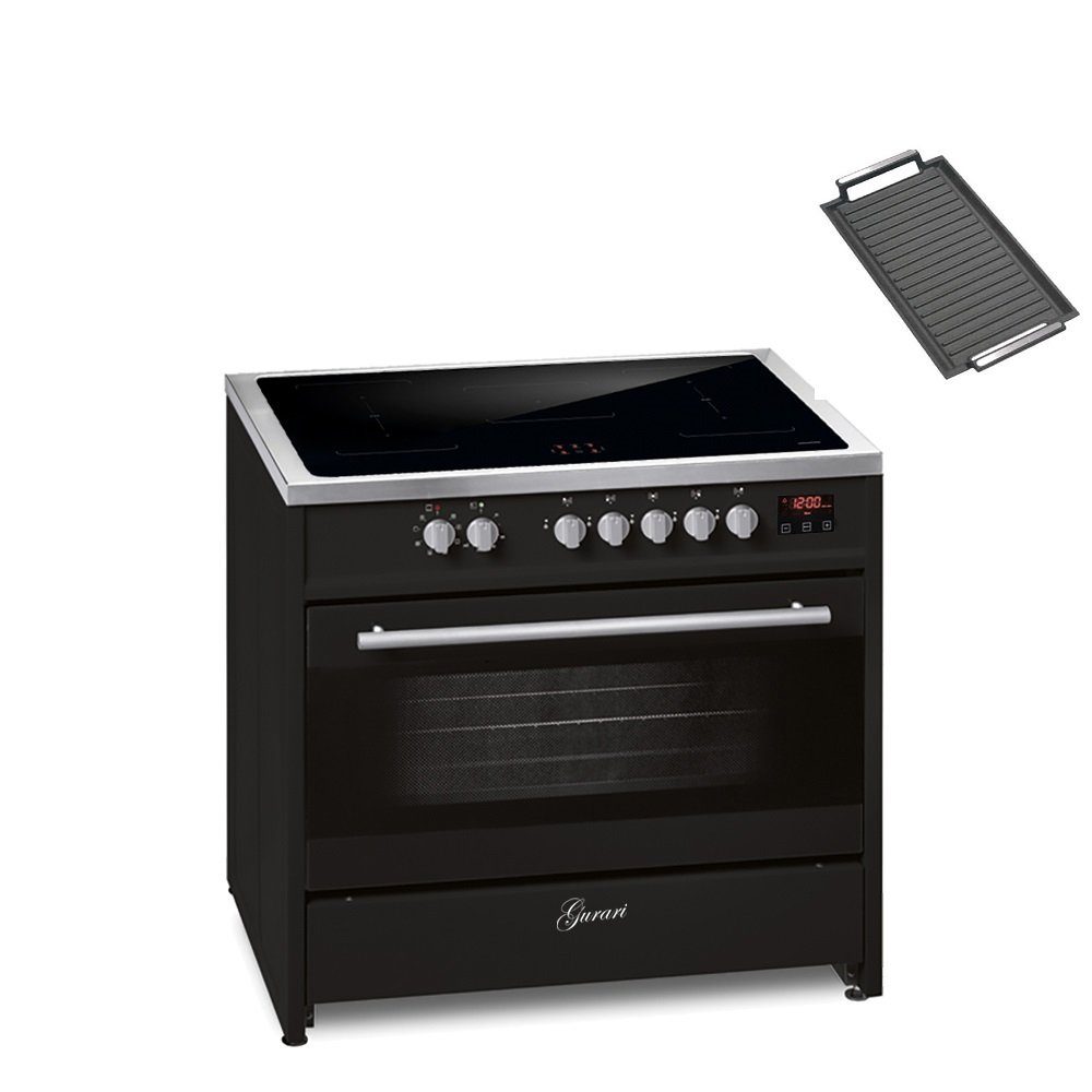 GURARI Induktions-Standherd E 913 BL+Grillplatte, Range Cooker 90 cm/ FLEX ZONEN/ Booster/ 5 Zonen / 121L