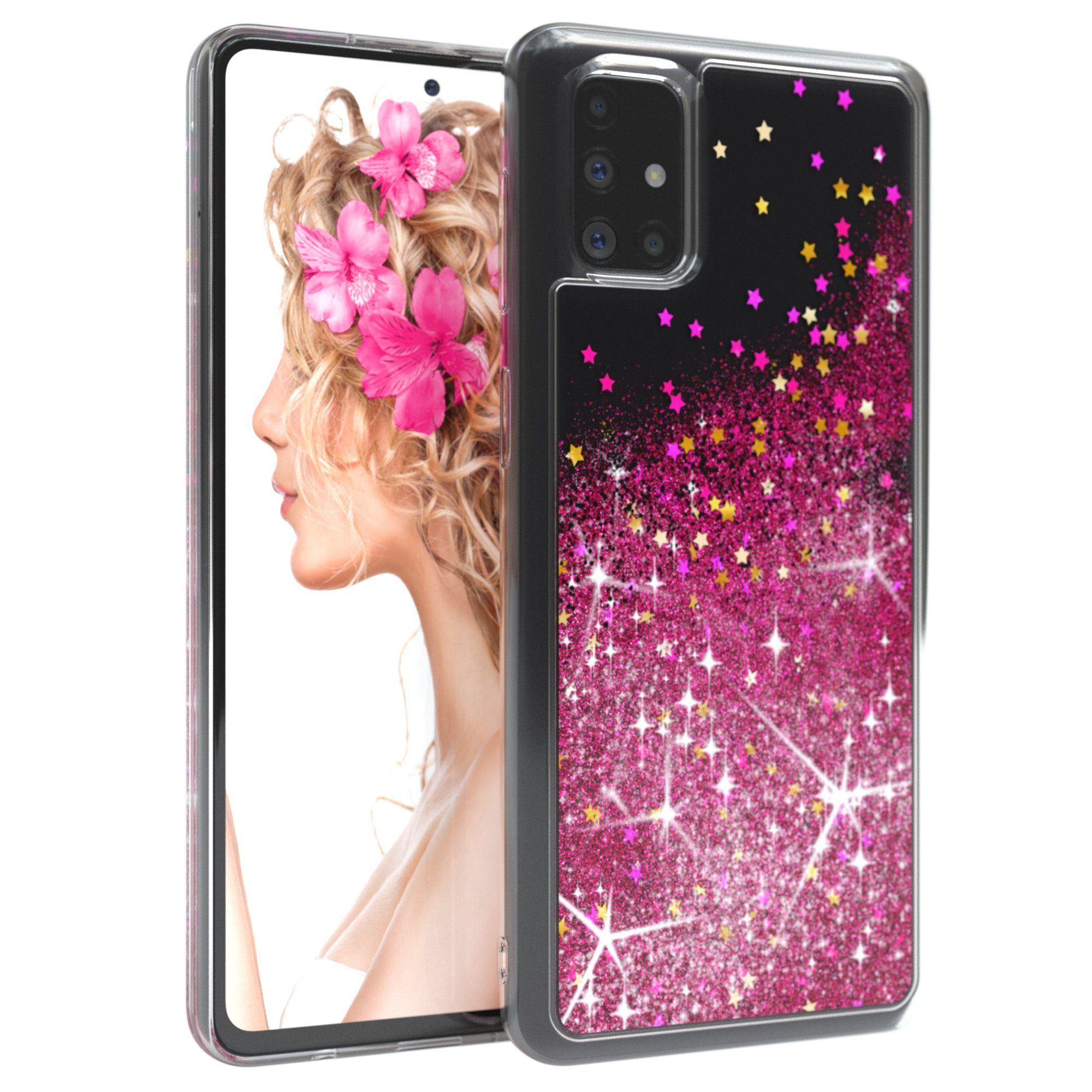 EAZY CASE Handyhülle Liquid Glittery Case für Samsung Galaxy M51 6,7 Zoll, Glitzerhülle Shiny Slimcover stoßfest Durchsichtig Bumper Case Pink
