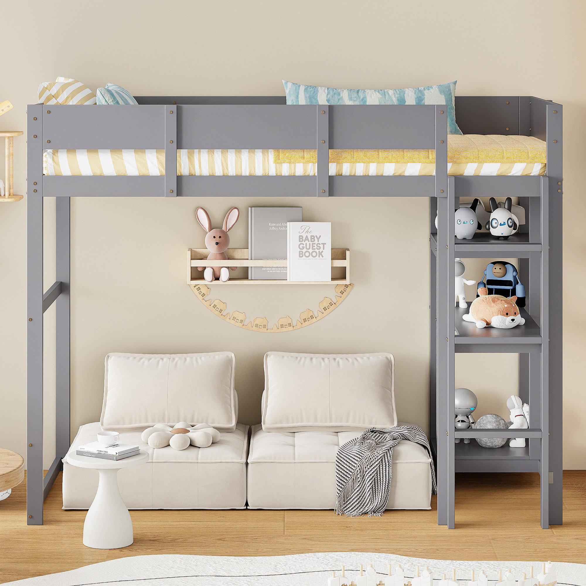Flieks Hochbett Massivholz Kinderbett 90x200cm mit Tisch und Stauraumregale günstig online kaufen