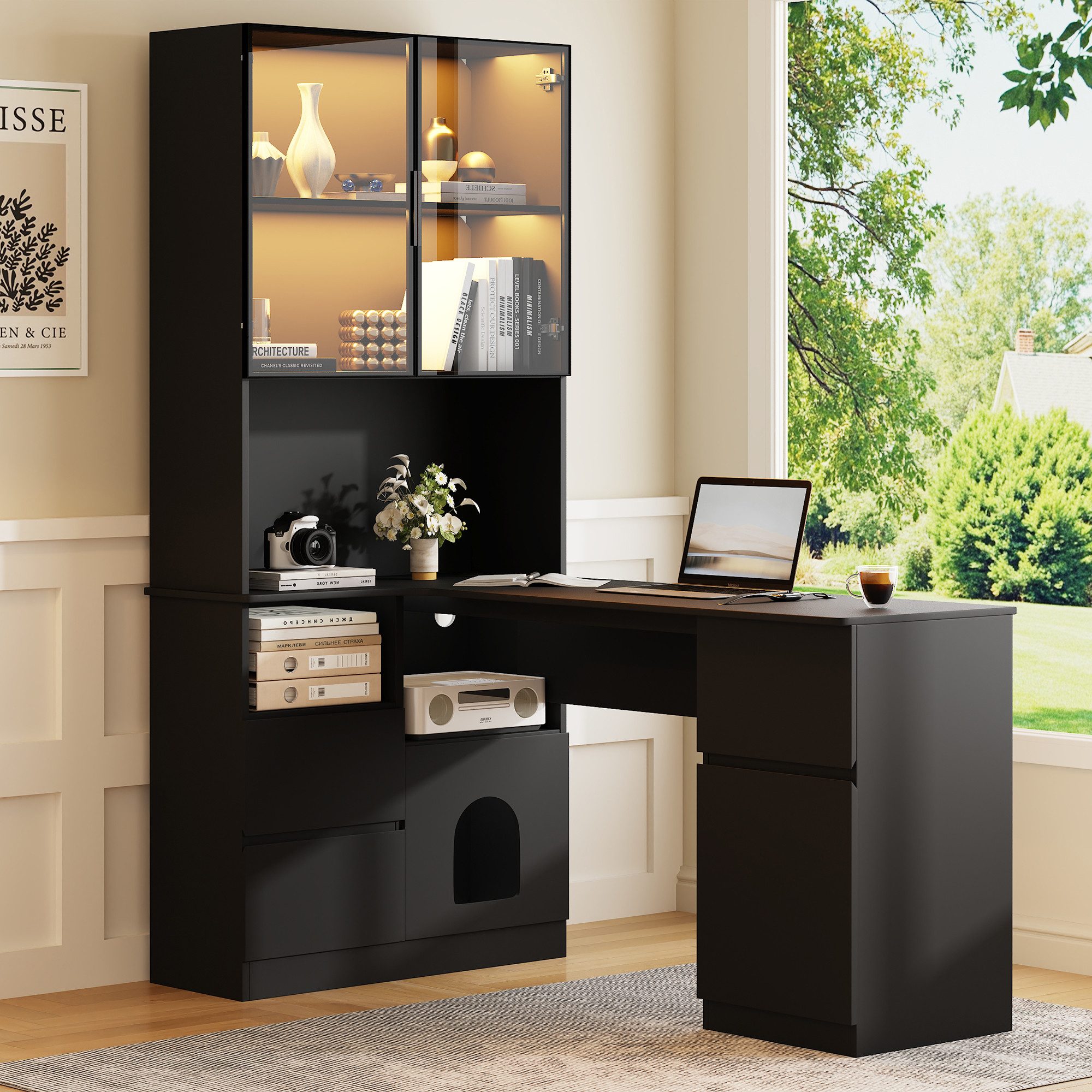 Flieks Eckschreibtisch 2-in-1 Hochschrank mit LED und Glastüren & L-förmig Arbeitstisch (1-St., Tischmaße: 120x45x76 cm, Schrankmaße: 80x30x180 cm), Regal-Schreibtisch Computertisch inkl. Glasvitrine Bücherregal Schwarz