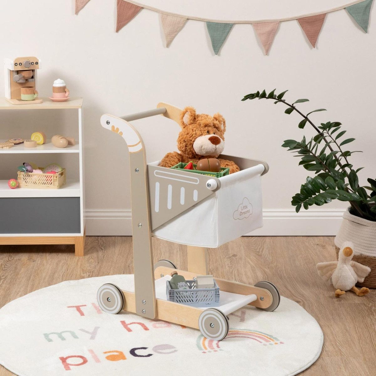 ELLA & PIET® Spiel-Einkaufswagen SHOPPY aus Holz für Kinder (Schlamm)