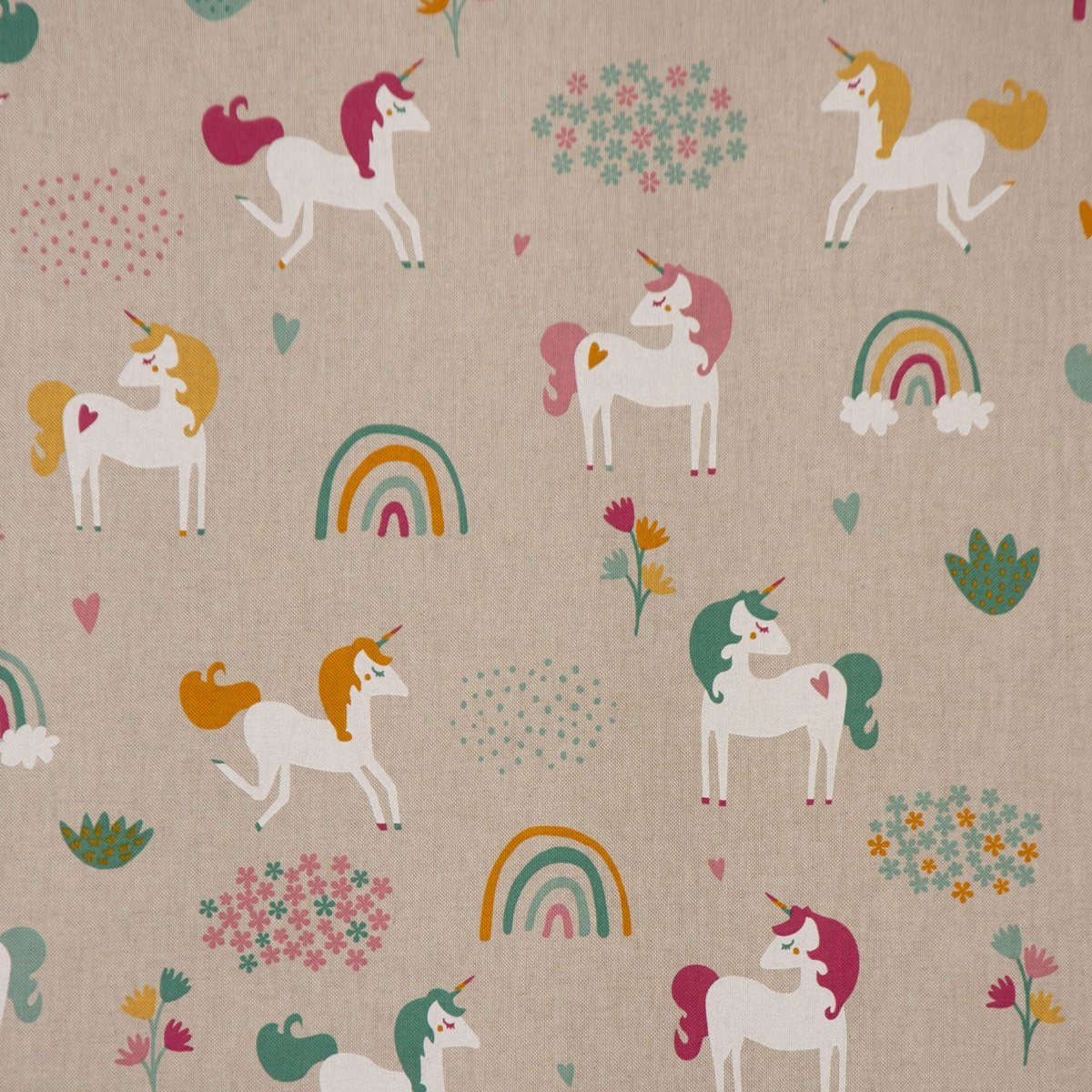 Stoff Dekostoff Halbpanama Leinenlook Einhörner Regenbogen natur bunt 1,40m