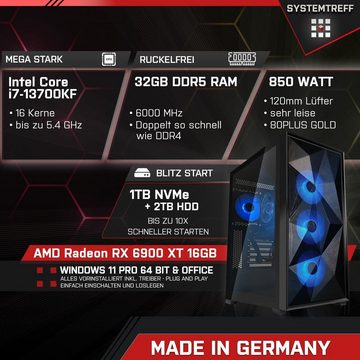 SYSTEMTREFF Gaming-PC (Intel Core i7 13700KF, Radeon RX 6900 XT, 32 GB RAM, 2000 GB HDD, 1000 GB SSD, Wasserkühlung, Windows 11, WLAN)