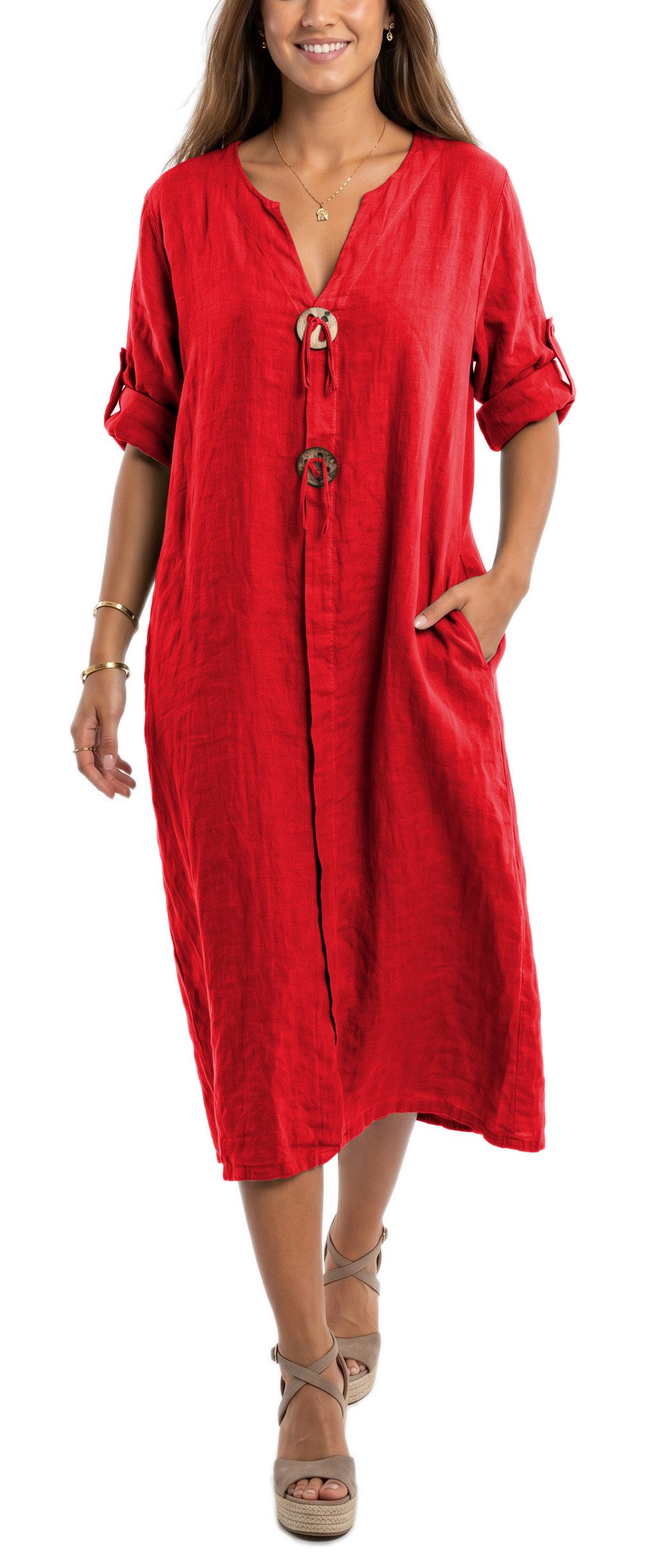 dy_mode Hemdblusenkleid Damen Leinenkleid Midi Hemdblusenkleid mit V-Ausschnitt Freizeitkleid in Unifarbe, V-Ausschnitt, mit seitlichen Eingriffstaschen