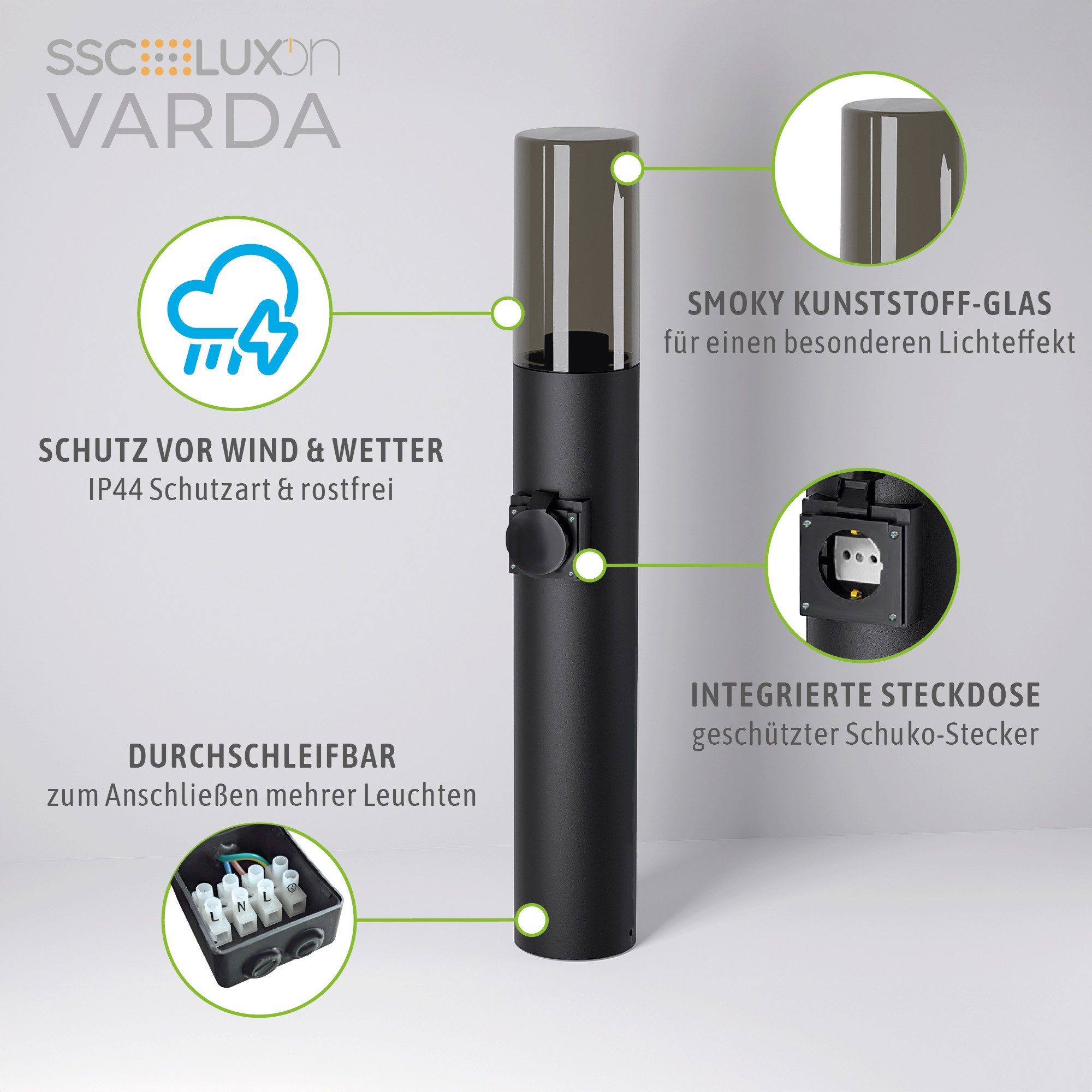 SSC-LUXon LED Gartenstrahler VARDA Außen Wegeleuchte mit Steckdose E27 Höhe 50 cm IP44 schwarz