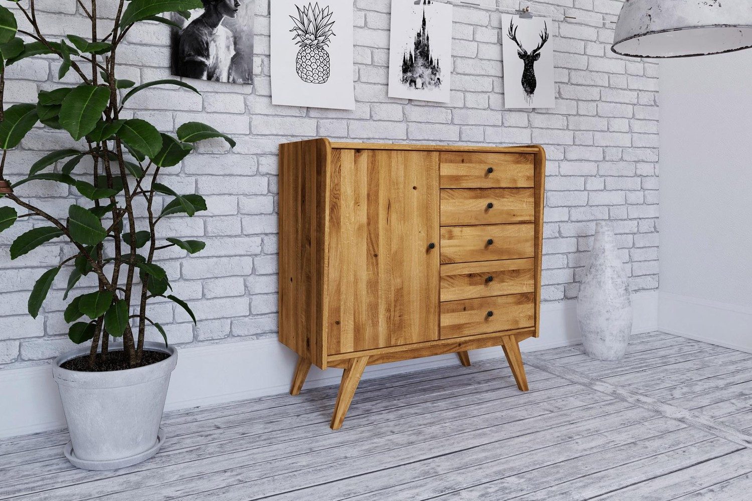 Natur24 Highboard Jetro Kommode Wildeiche massiv 100x105x50cm mit 5 Schubladen und 1 Tür
