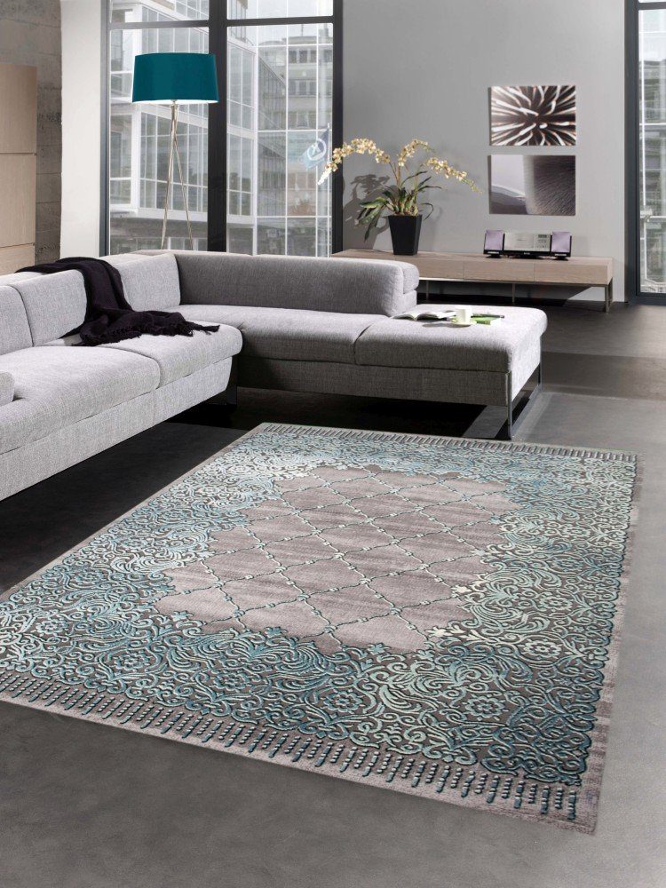 Teppich Teppich modern Wohnzimmer Teppich Ornamente in grau türkis,  Carpetia, rechteckig, Höhe: 13 mm