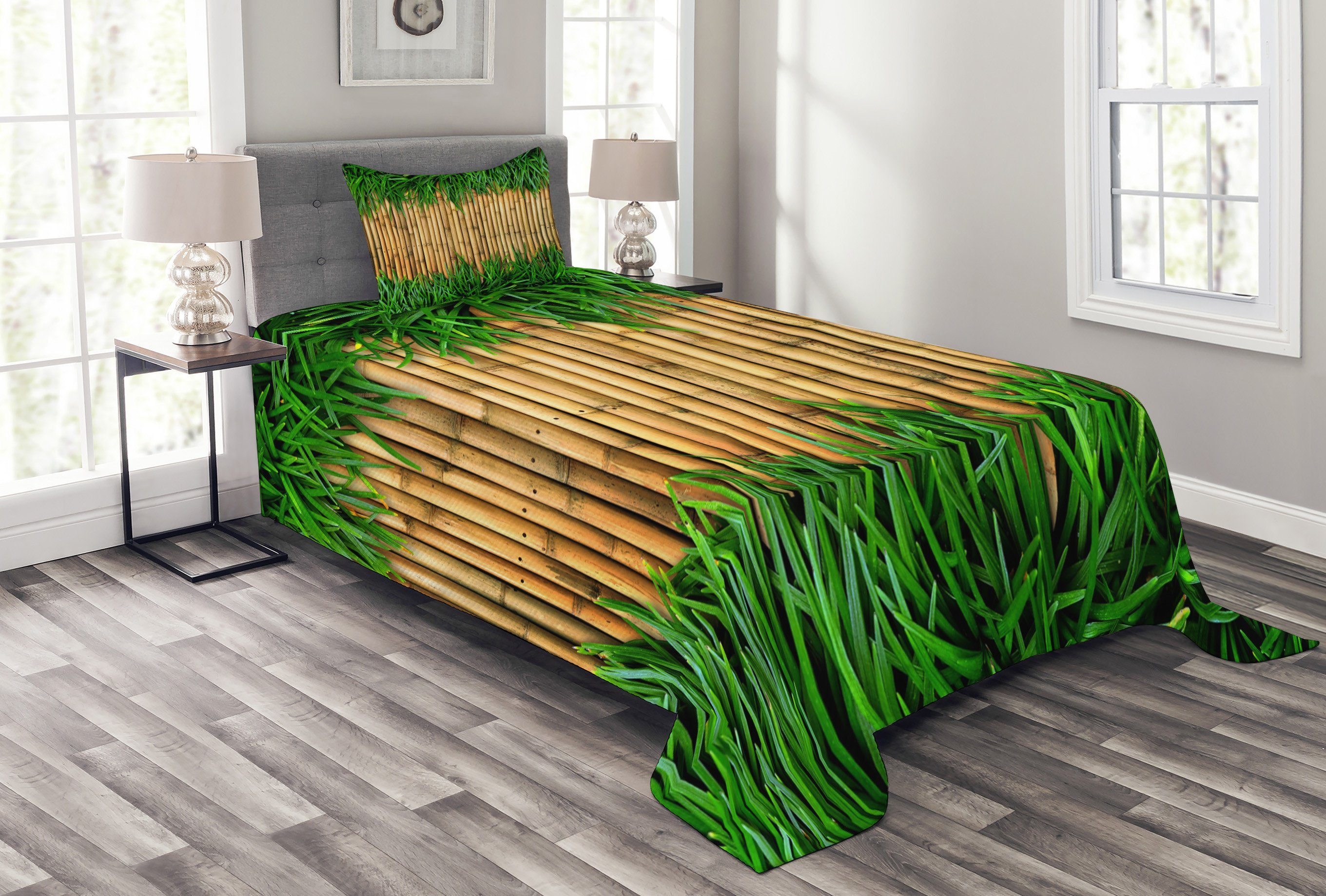 Tagesdecke Set mit Kissenbezügen Waschbar, Abakuhaus, Grün und Brown Bambus | Tagesdecken
