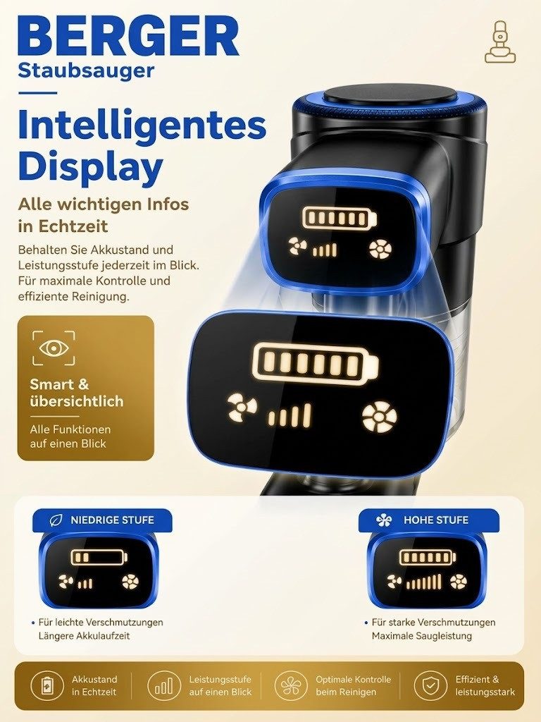 BERGER ELECTRONICS Stielstaubsauger Staubsauger Kabellos, Akku Staubsauger, Akku-Stielstaubsauger, beutellos, 70000 Pa, 60 min Laufzeit, Handstaubsauger – Bild 5 von 5