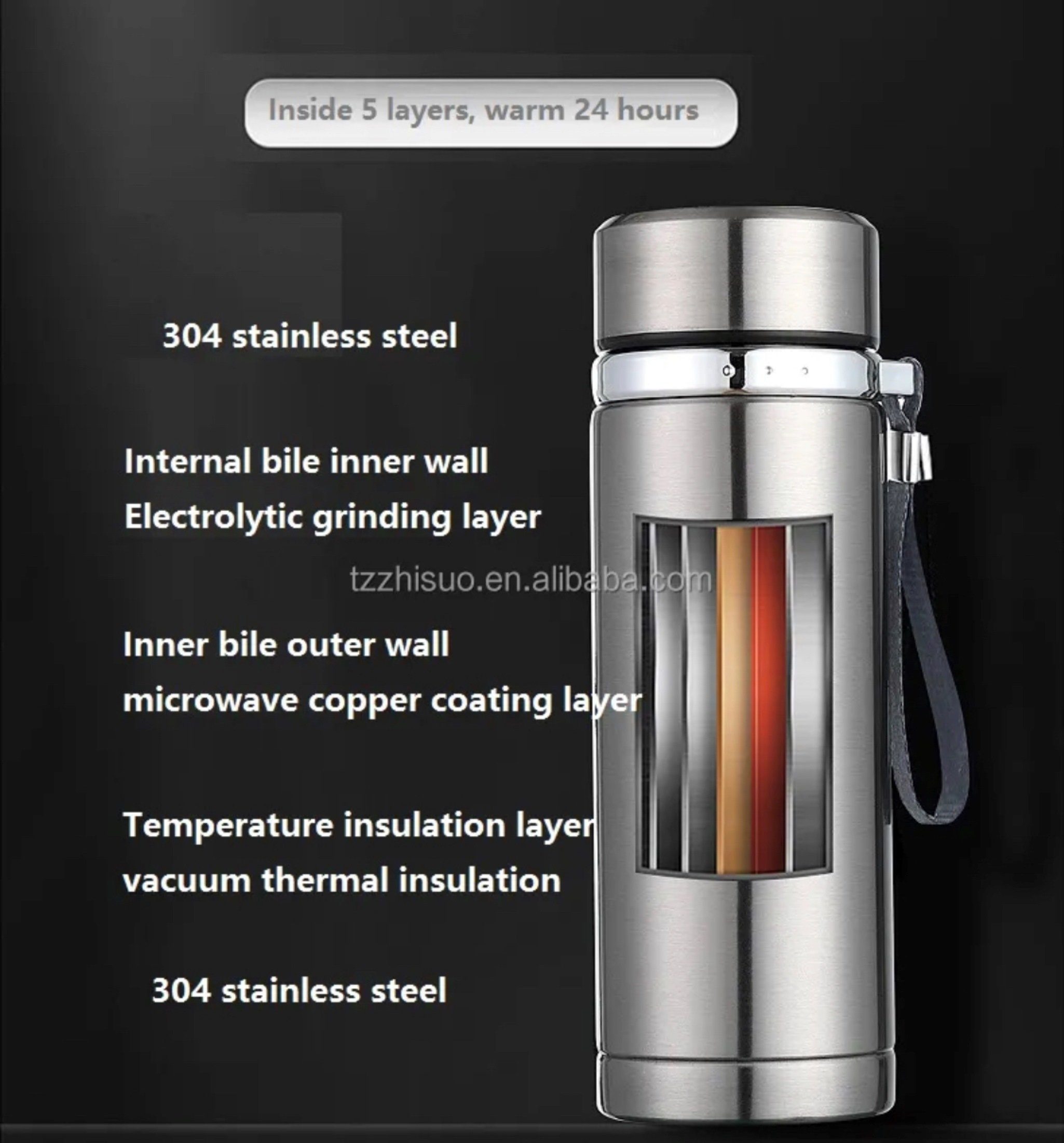 Botells Thermoflasche Isolierflasche Edelstahl 0,8 l, stundenlang heiße & kalte Getränke, Dauersieb f. Tee, metallic Design, auslaufsicher, doppelwandig, 800 ml