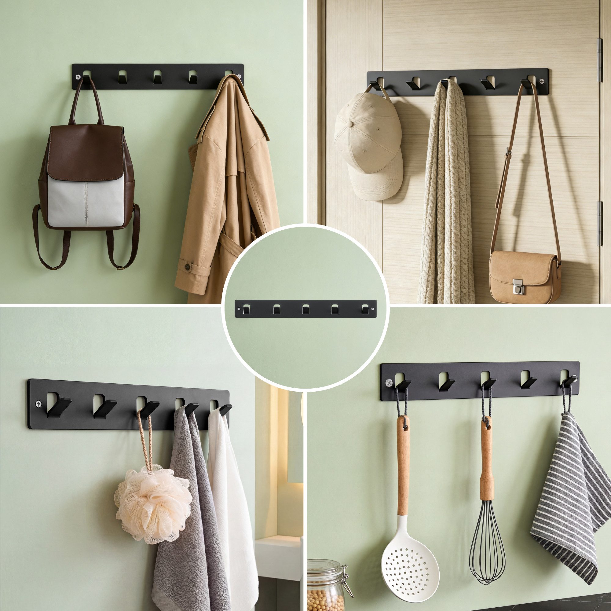 Mai & Mai Hakenleiste Wandgarderobe Wandhaken 5 Haken Kohlenstoffstahl Stalo-14, 45° Anti-Rutsch Haken,Kleben oder Bohren,Kohlenstoffstahl, rostfrei
