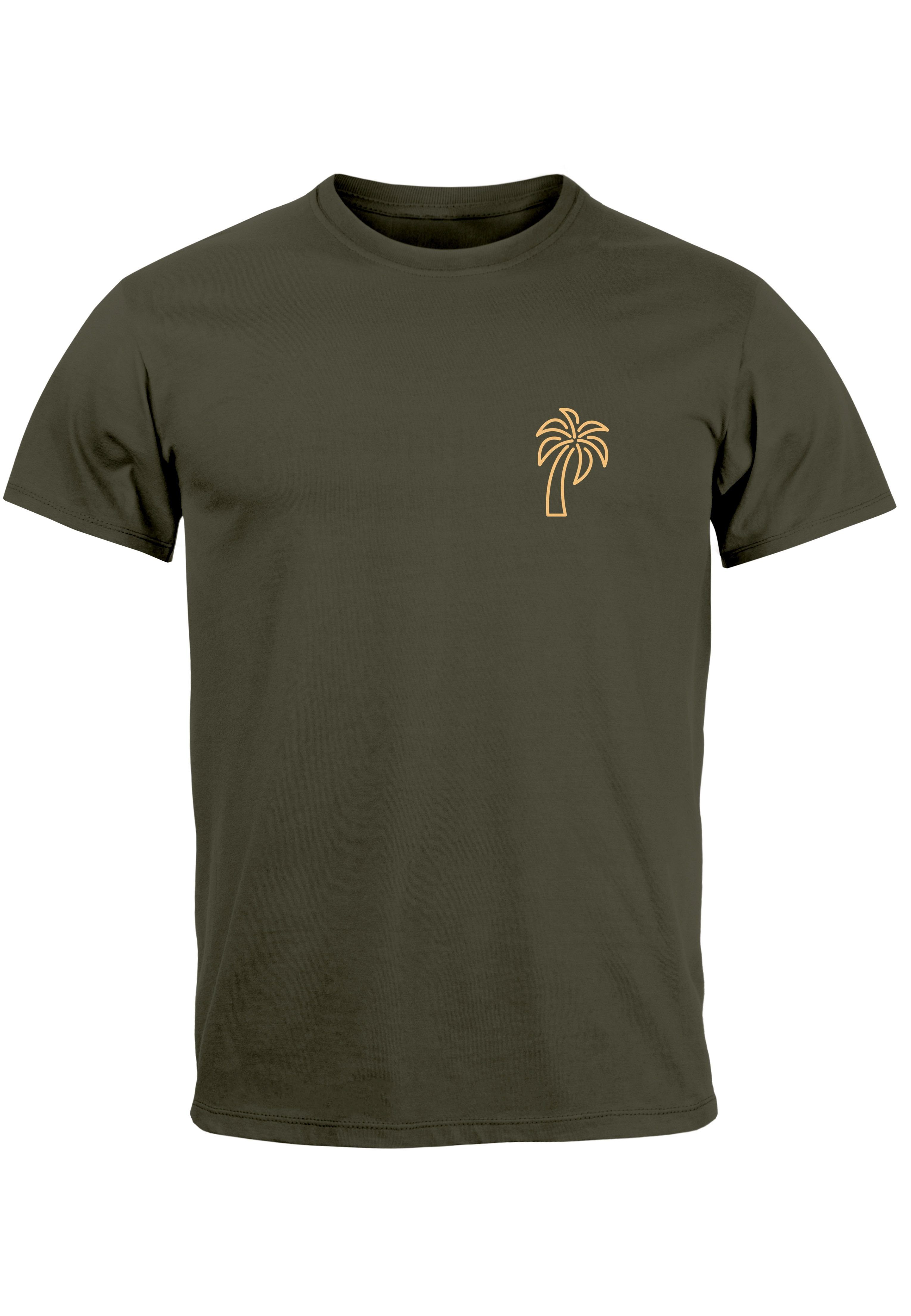 Neverless Print-Shirt Herren T-Shirt Palme Logo Print Sommer Badge Emblem Minimal Line Art F mit Print army
