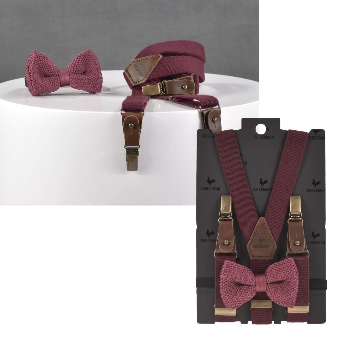 Sir Redman Hosenträger Kids Kinderhosenträger, Set, Fliege, mit Hosenclips, 80cm lang, rot