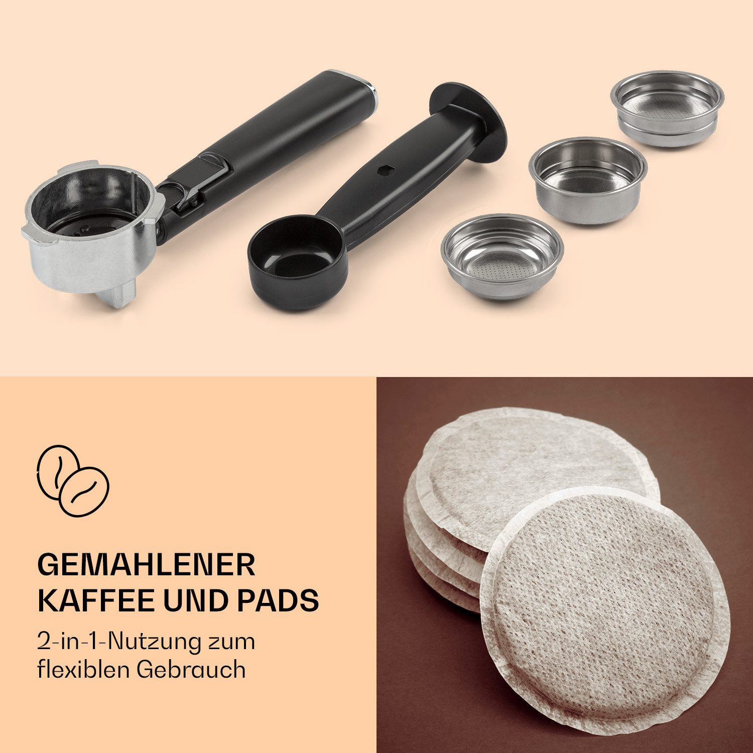 Klarstein Espressomaschine 10035565, 1.5l Kaffeekanne, Gemahlener Kaffee & Pads: 2-in-1-Nutzung