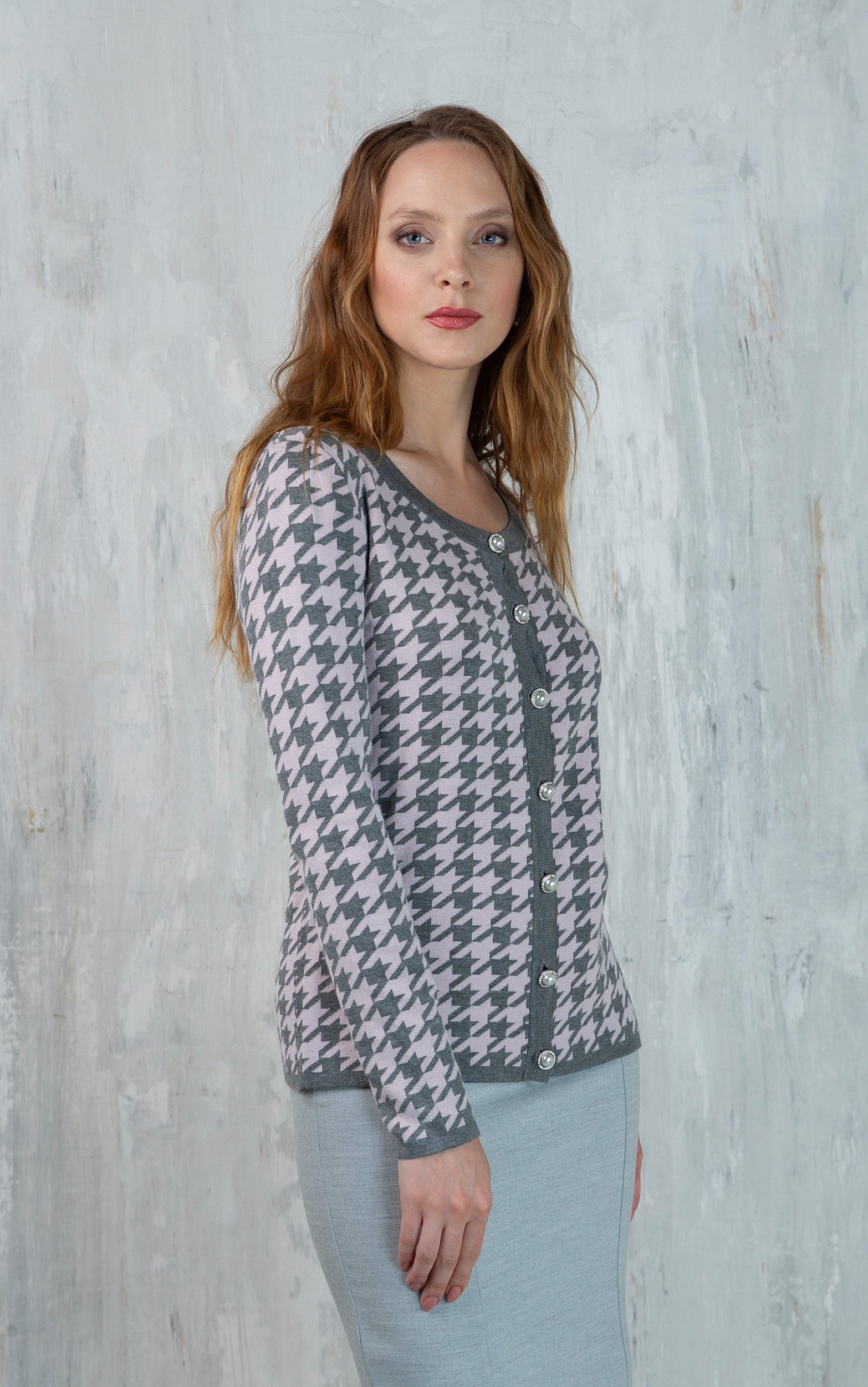 Passioni Cardigan mit Hahnentrittmuster und Perlenknöpfen