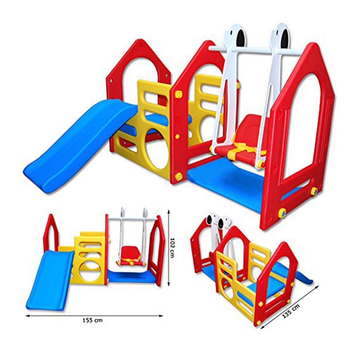 LittleTom Rutsche Kinder Spielhaus mit Rutsche Schaukel Spiel-Turm, 155x135cm Rot Gelb Blau