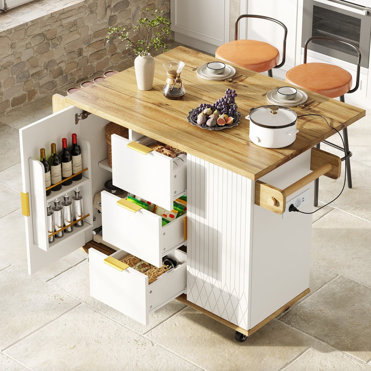 Odikalo Kücheninsel Kücheninsel-Set Servierwagen mit 2 Barhockern, (mobiler Kücheninselschrank mit Stromanschluss & ergonomischen Barhockern)