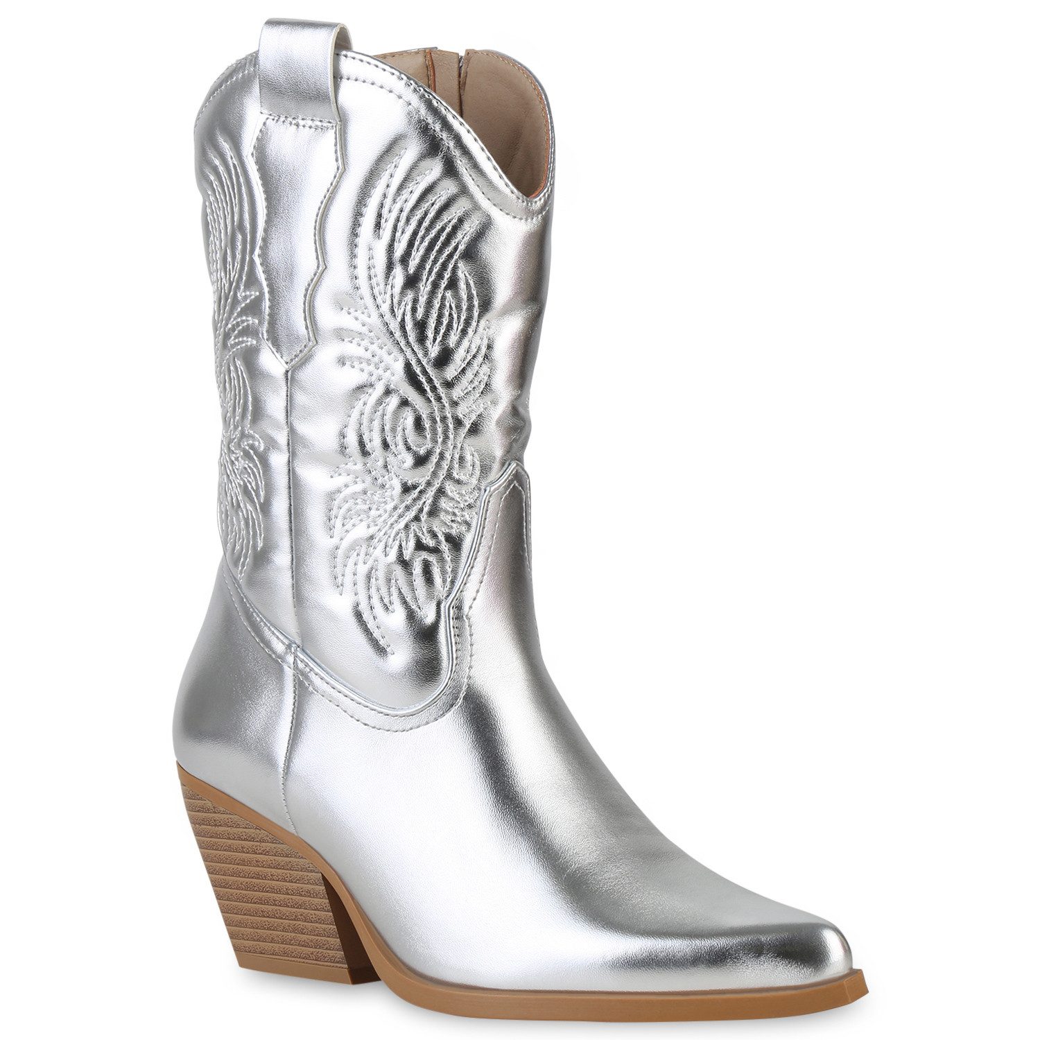 VAN HILL 21181137 KY SU736 Damen Stiefeletten Silver 37 Cowboy Boots Damen Stiefeletten Cowboy Boots Stickereien Holzoptikabsatz
