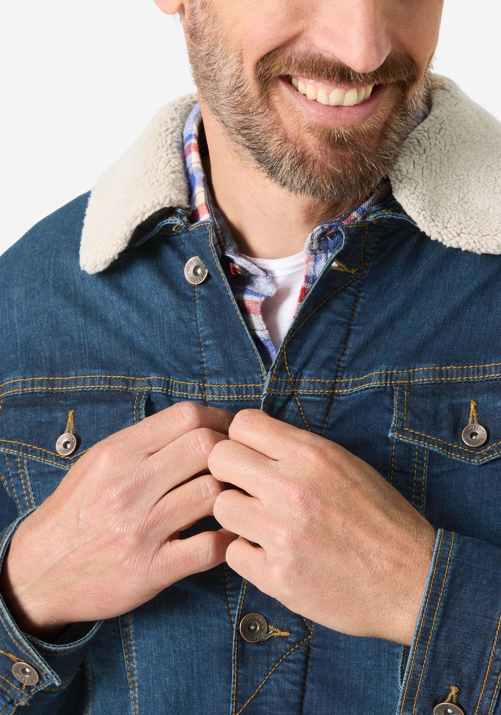 TIMEZONE Jeansjacke Kragen mit Futter und Knopfleiste, Vintage-Stil für Herren (1-St) unifarbenKnöpfeJeansjacke mit Teddykragen und BrusttaschenDenim Jacket