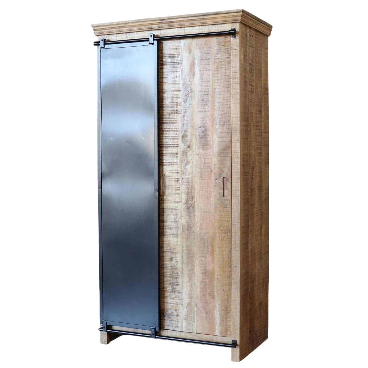 baario Kleiderschrank Kleiderschrank SELCE Industrial massiv Mangoholz & Eisen Design Schiebetüren