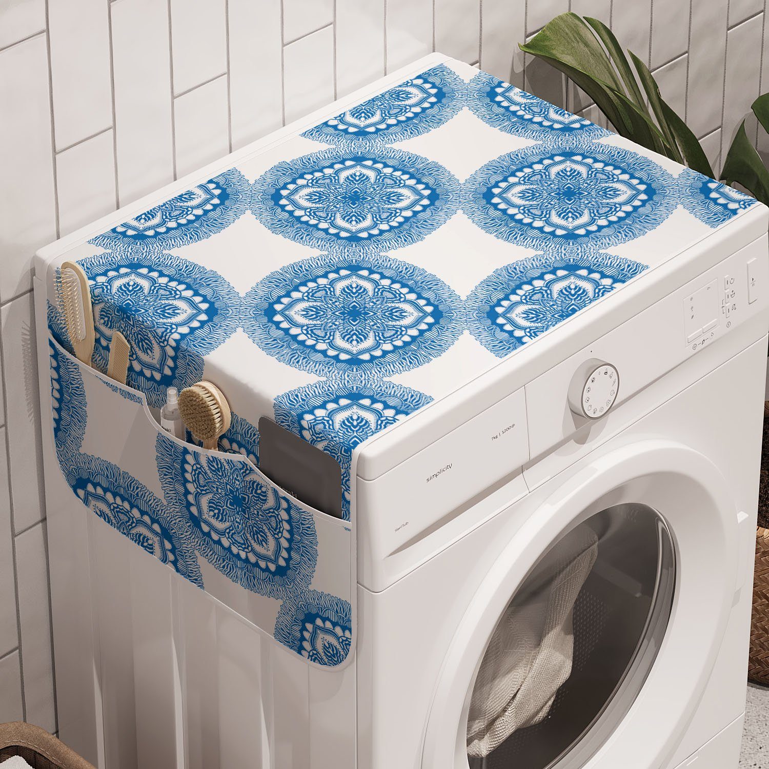 Abakuhaus Badorganizer Anti-Rutsch-Stoffabdeckung für Waschmaschine und Trockner, Blauer Mandala Oriental Blumenmotiv