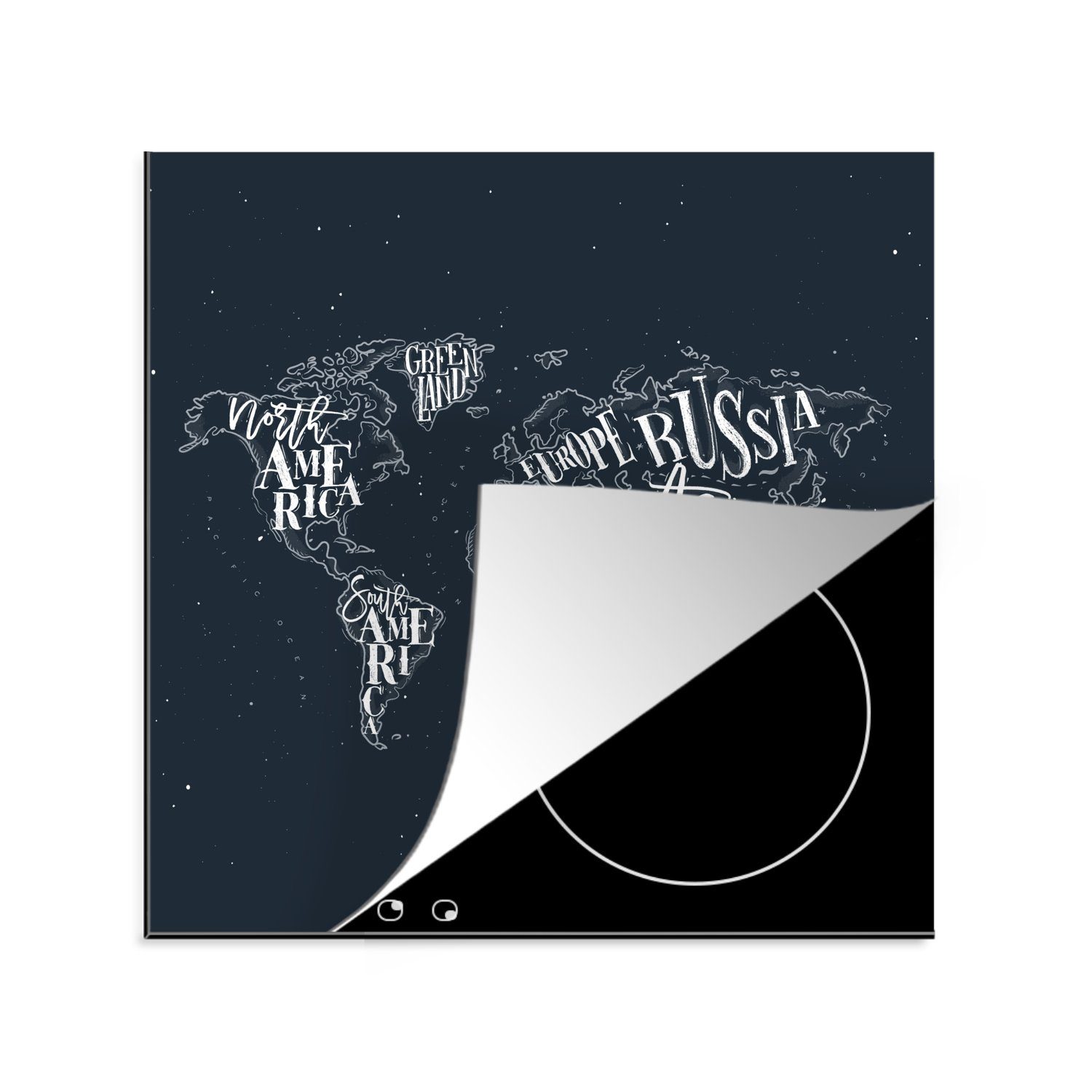 MuchoWow Herdblende-/Abdeckplatte Weltkarte - Schwarz - Weiß - Sternenhimmel, Vinyl, (1 tlg), 78x78 cm, Ceranfeldabdeckung, Arbeitsplatte für küche