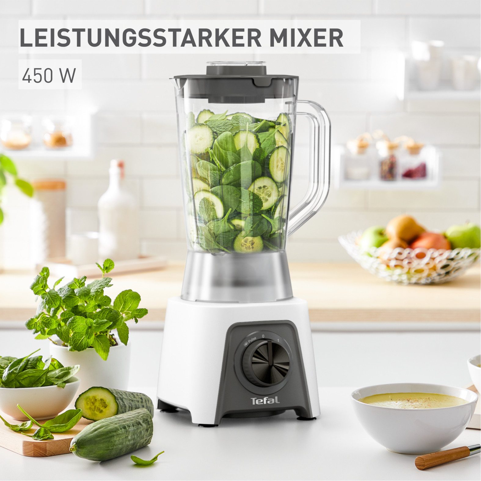 Tefal Standmixer BL2C01 Blendeo, 450 W, 1,5 Liter, 2 Geschwindigkeiten + Pulse-Funktion, Duraforce Klingen