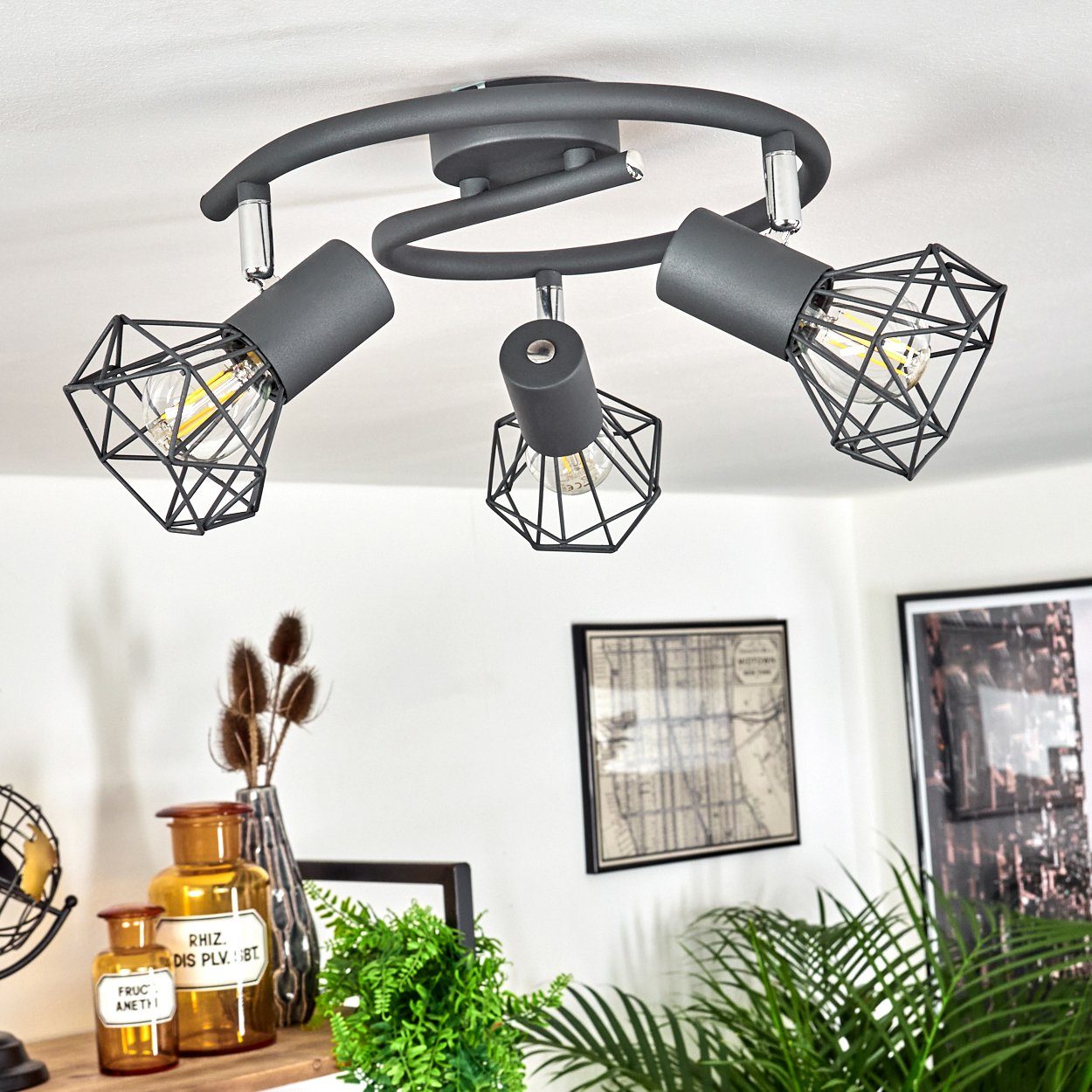 hofstein Deckenleuchte »Voltri« runde Deckenlampe aus Metall in Anthrazit/Chromfarben, ohne Leuchtmittel, moderne Leuchte m. Schirmen in Gitter-Optik u. Lichteffekt, 3xE14