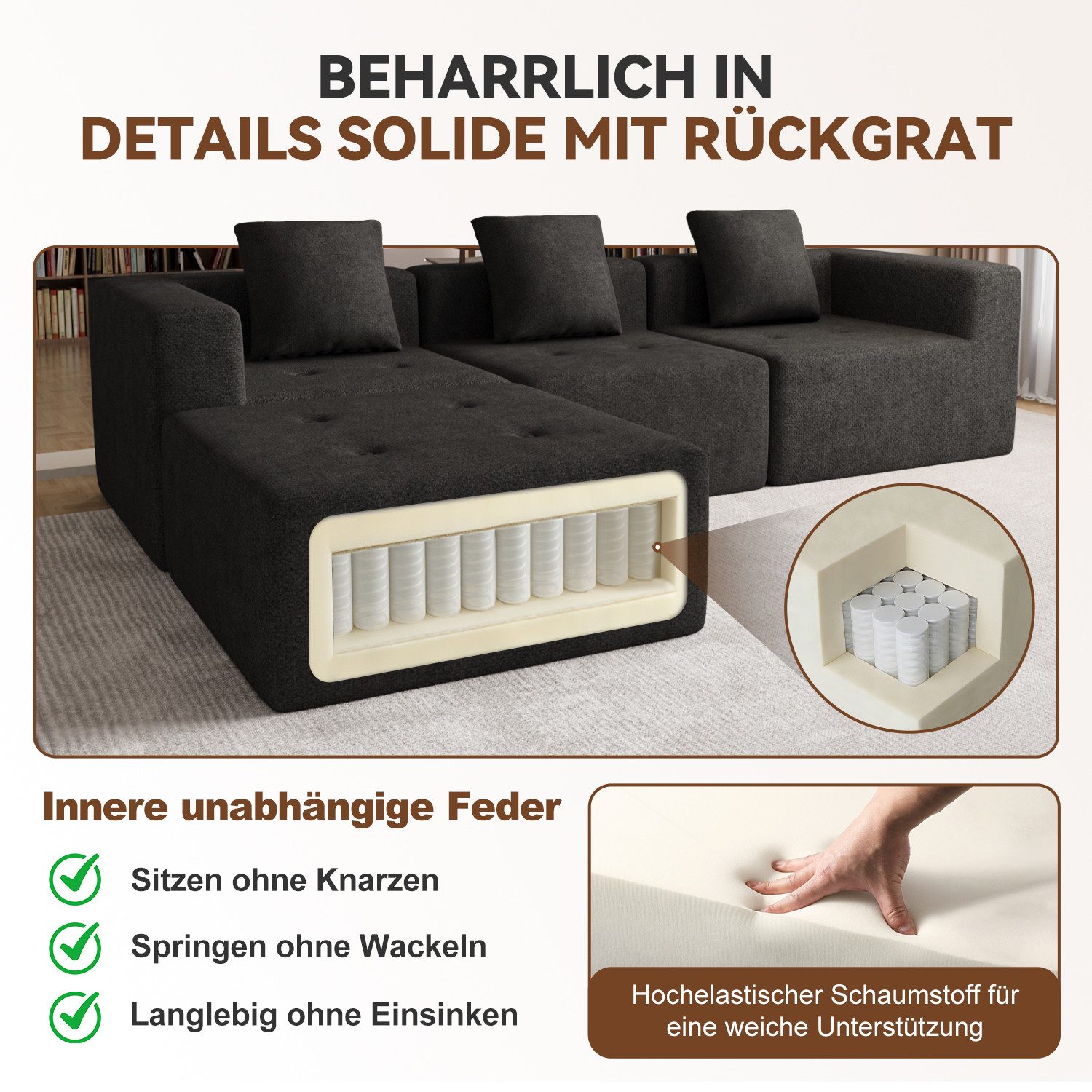 Lexzurn Ecksofa Sofa mit Federkern Widersteht dem Durchsitzen, B: 258.5cm Schlafsofa, mit großer Chaiselongue & 3 Zierkissen, Chenille-Struktur keine Montage er – Bild 3 von 5