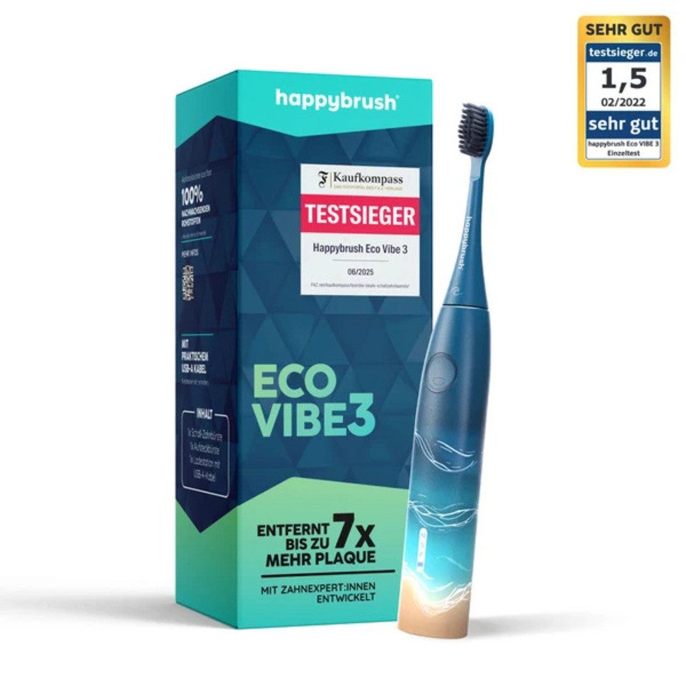 happybrush Schallzahnbürste Eco VIBE 3 Ocean - 100 Tage Probeputzen - 8 Wochen Power Akku, Aufsteckbürsten: 1 St., Eco Vibe 3, 3 individuelle Putz-Modi, Schalltechnologie