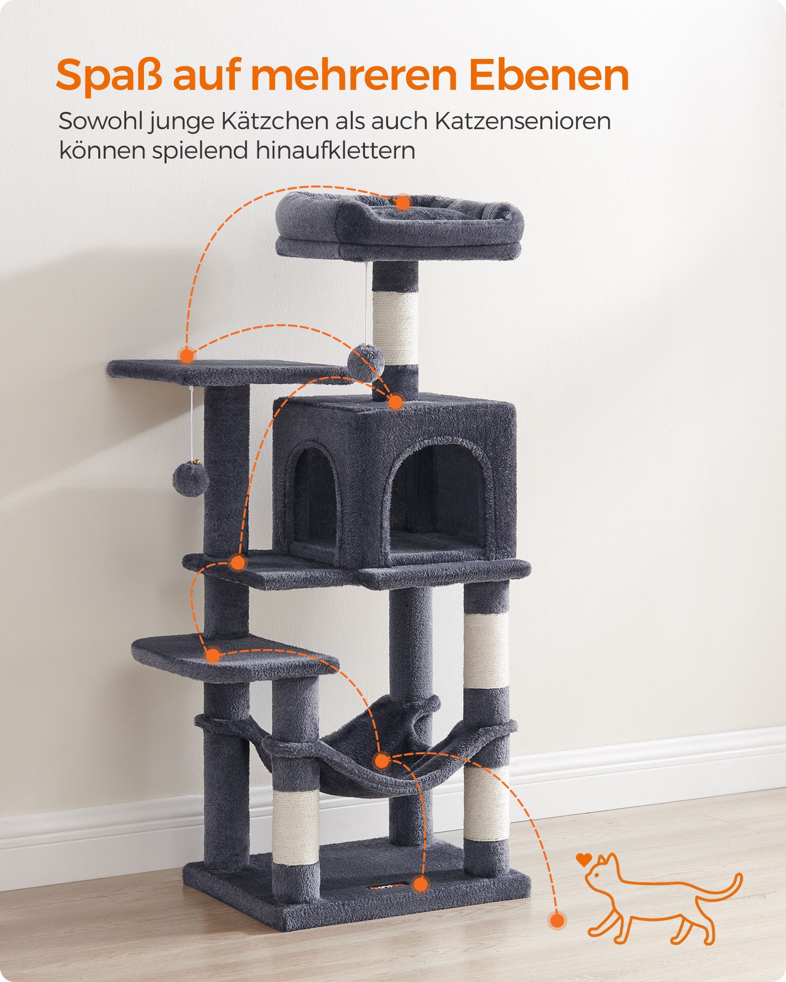FEANDREA Kratzbaum, Katzenbaum, mit Hängematte und 1 Höhle, 112 cm, stabiler