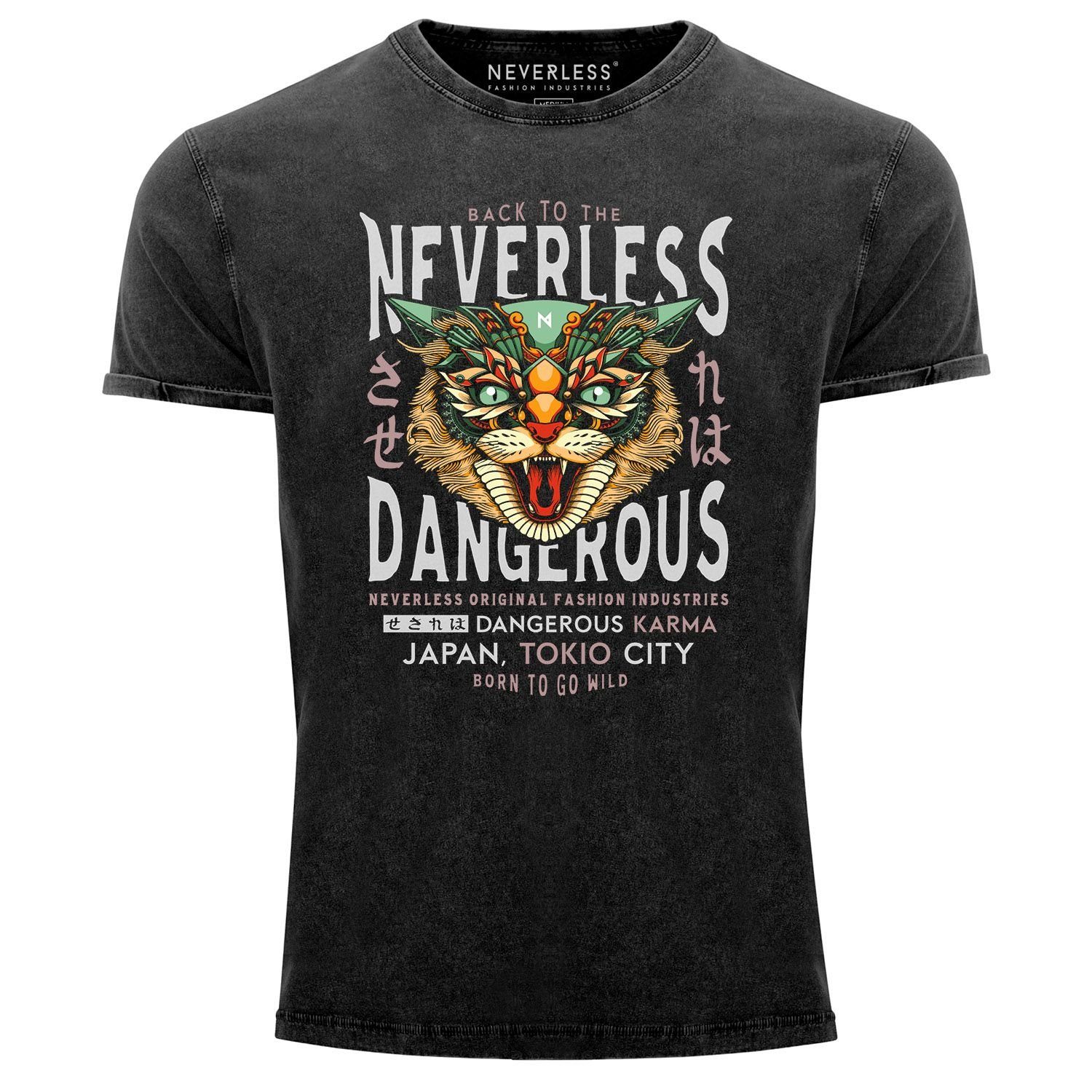 Neverless Print-Shirt Neverless® Herren T-Shirt Vintage Shirt Printshirt Design Print Katzenkopf Dangerous Cat Motiv Japan Tokio City Schriftzug Fashion Streetstyle Used Look Slim Fit mit Print
