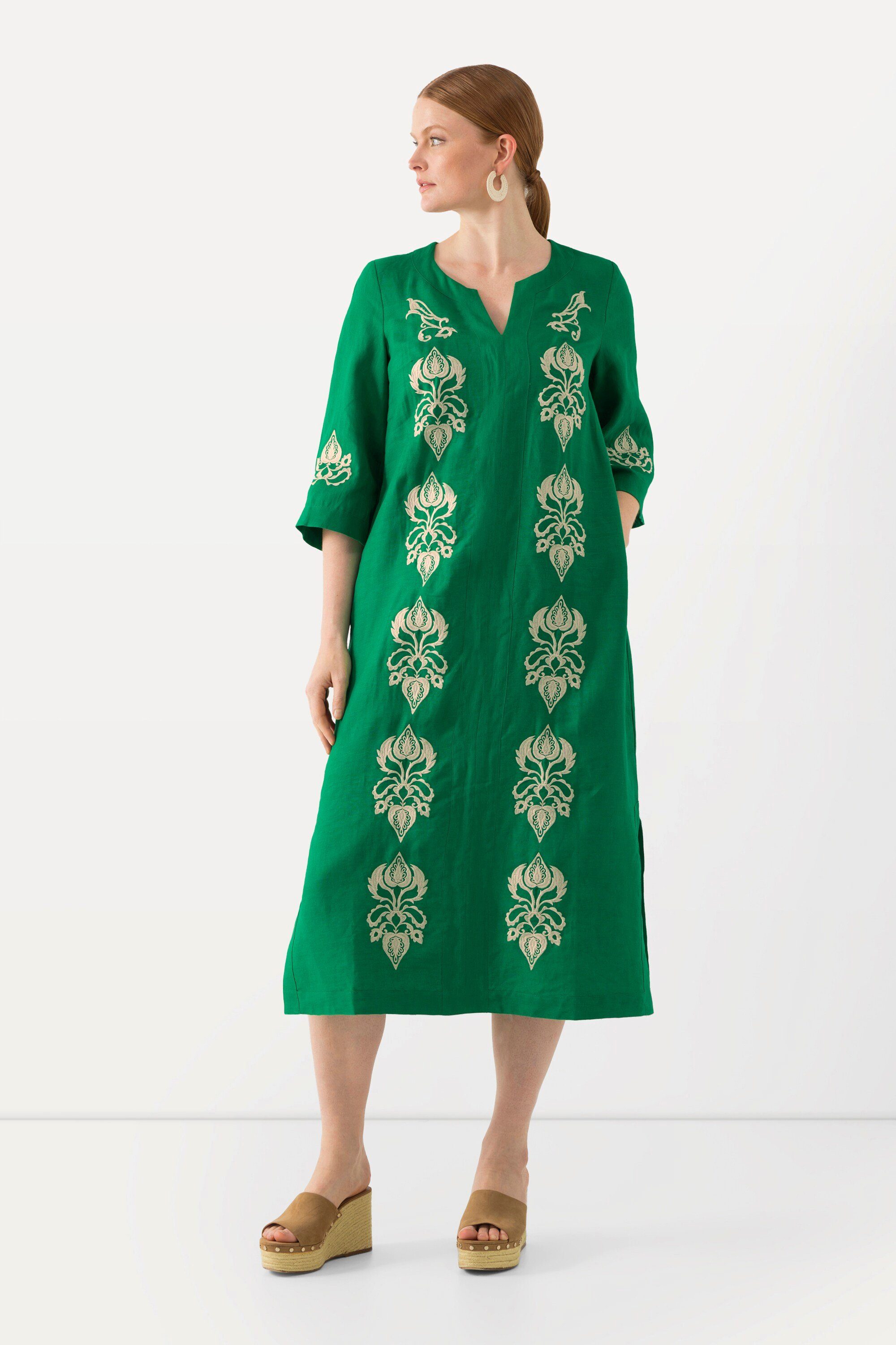 Jerseykleid Leinen-Maxikleid Stickerei Tunika-Ausschnitt