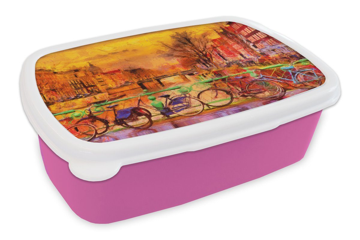 MuchoWow Lunchbox Gemälde - Fahrrad - Amsterdam - Gracht - Öl, Kunststoff, (2-tlg), Brotbox für Erwachsene, Brotdose Kinder, Snackbox, Mädchen, Kunststoff rosa